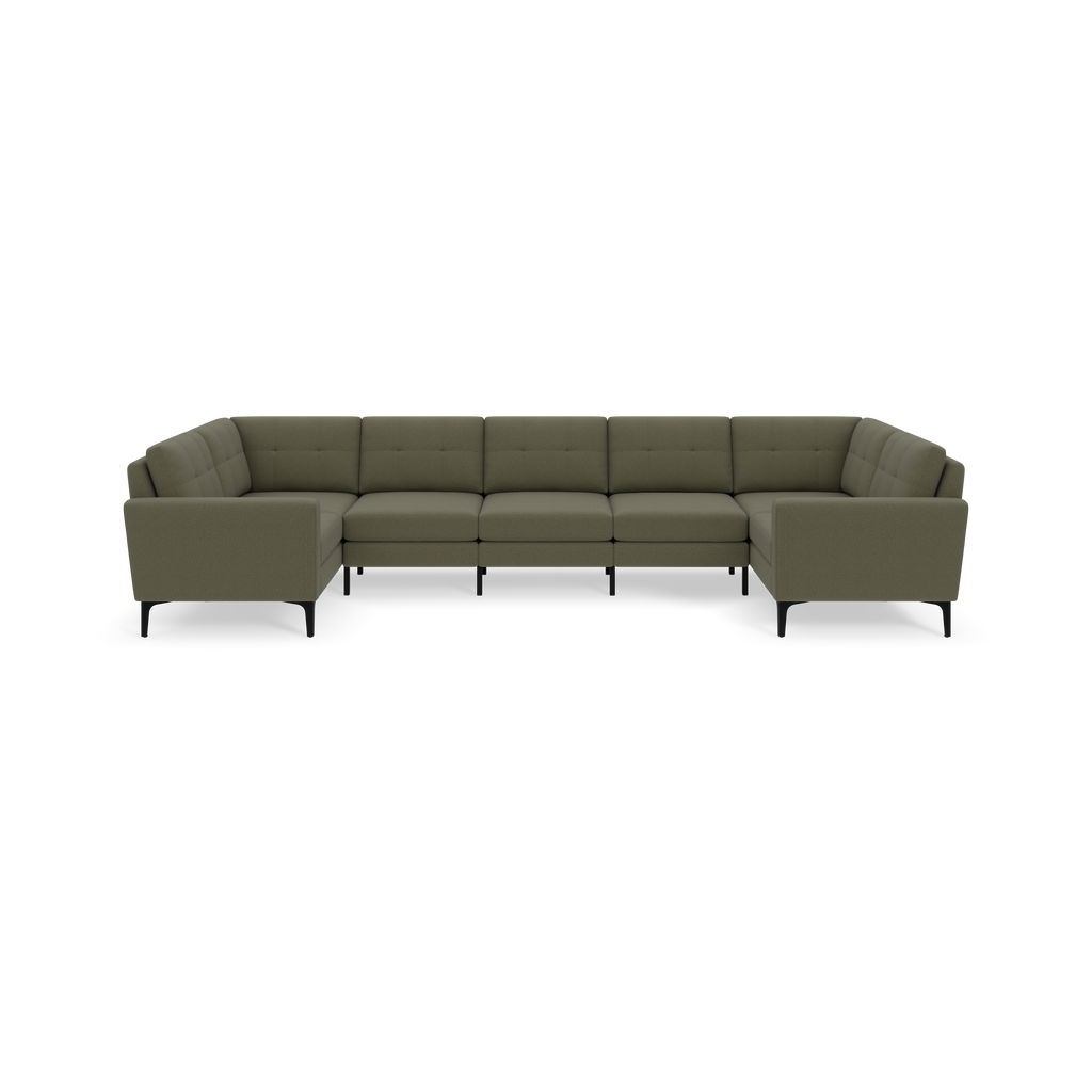 Modern large U-shaped sectional sofa with Moss green fabric upholstery and black metal legs, featuring tufted cushions and clean lines.
