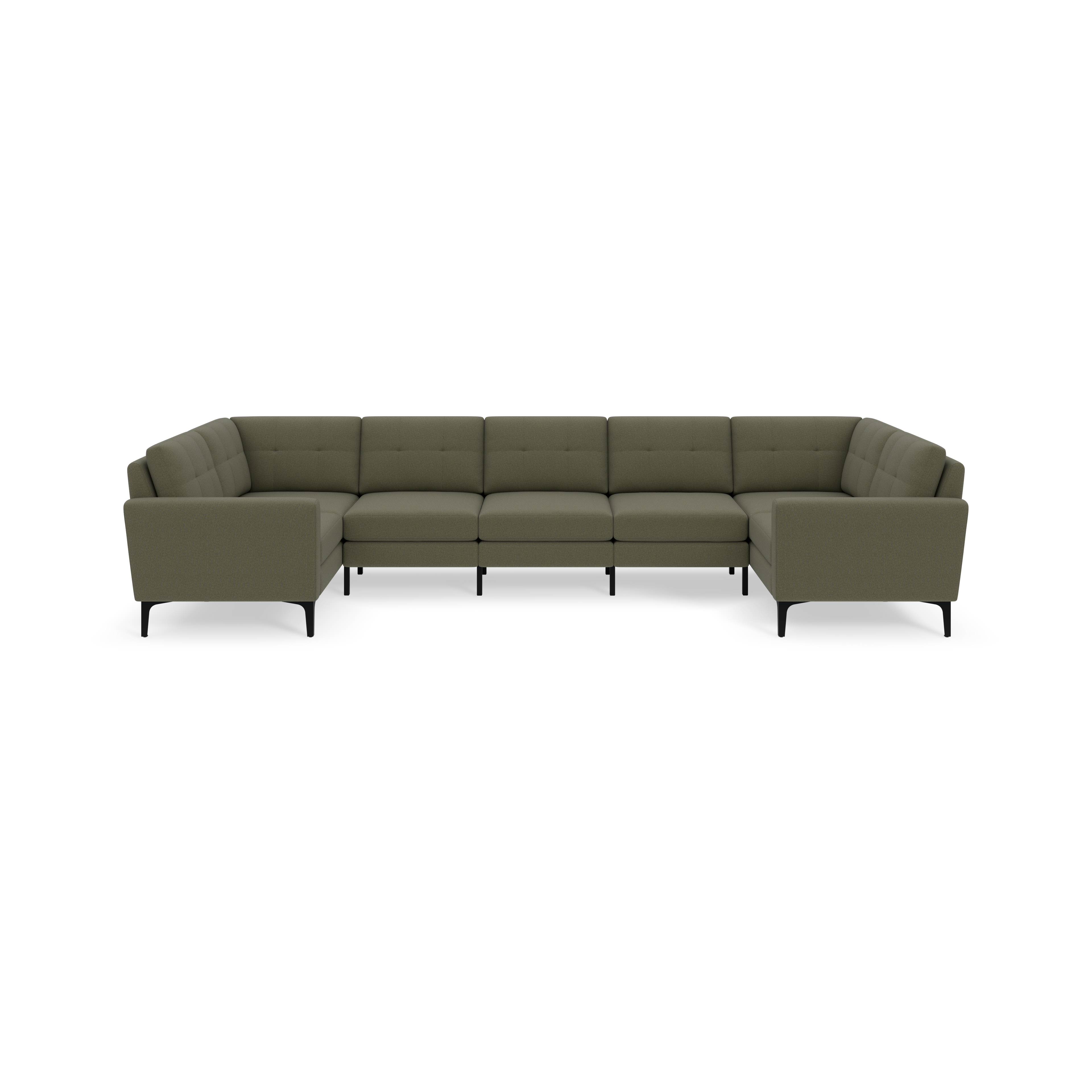 Modern large U-shaped sectional sofa with Moss green fabric upholstery and black metal legs, featuring tufted cushions and clean lines.