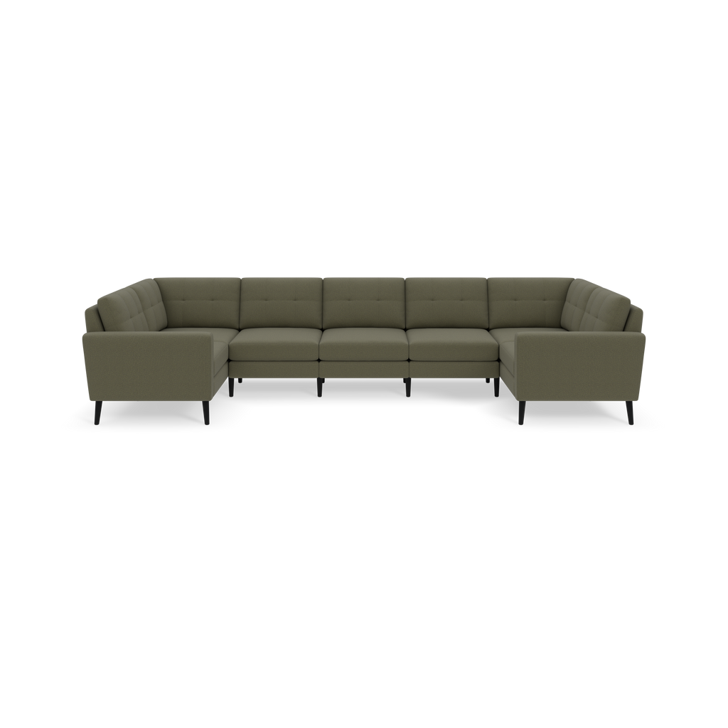 Large Moss green upholstered sectional sofa with modern design, straight arms, button-tufted back cushions, and black slender legs.