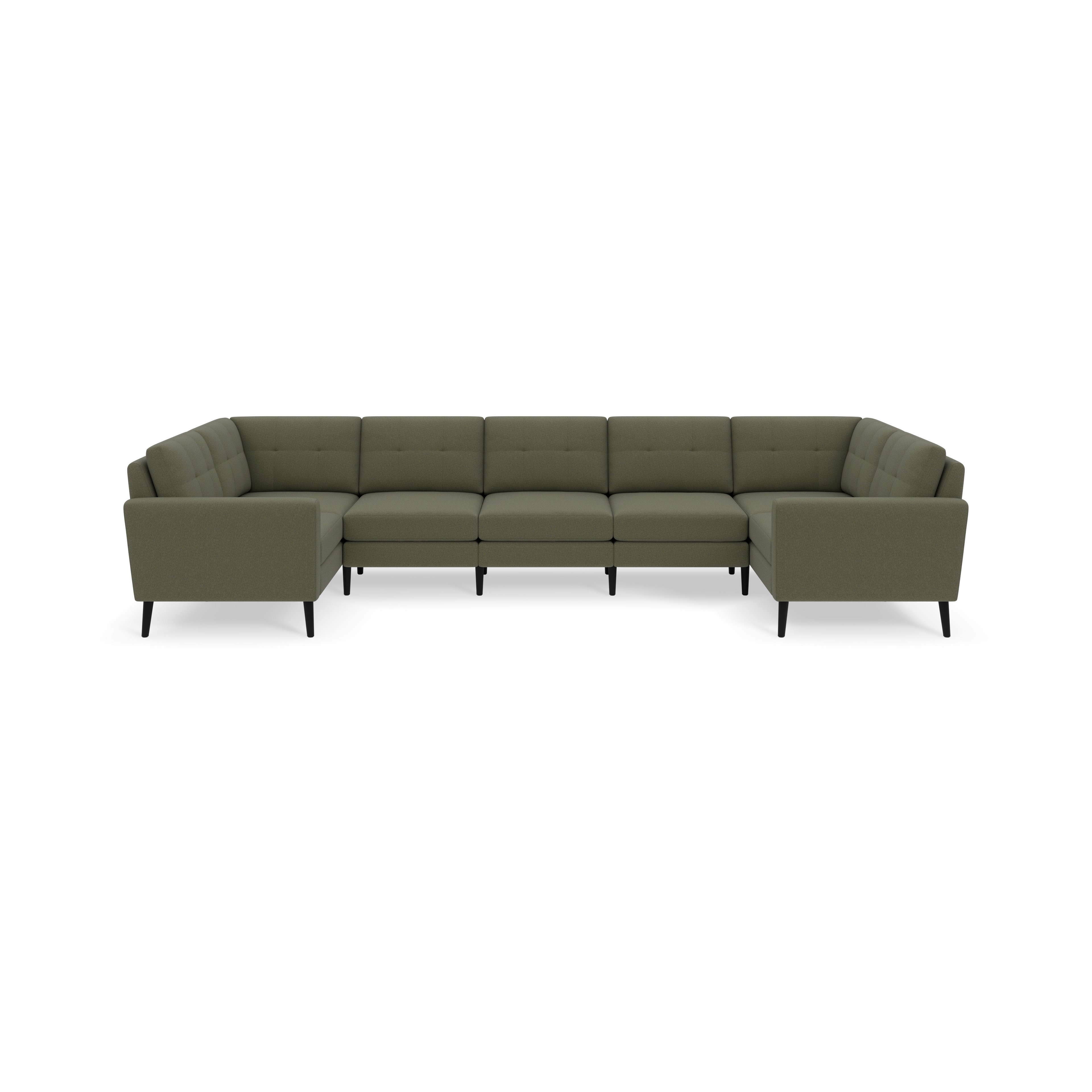 Large Moss green upholstered sectional sofa with modern design, straight arms, button-tufted back cushions, and black slender legs.