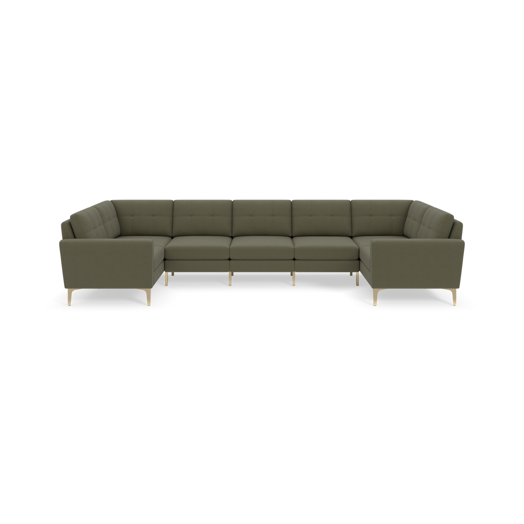 Large Moss green U-shaped sectional sofa with metal legs, tufted back cushions, and modern minimalist design.