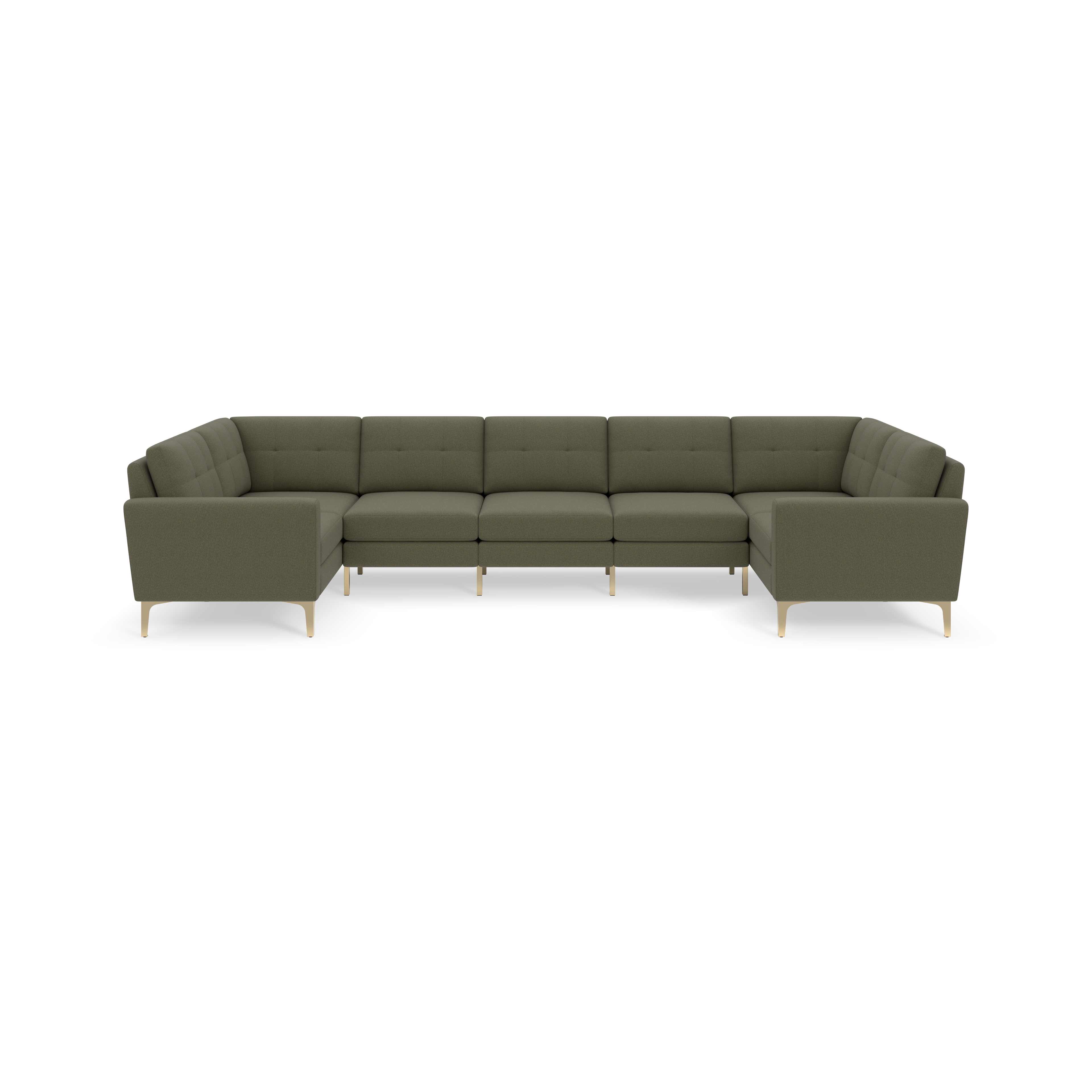 Large Moss green U-shaped sectional sofa with metal legs, tufted back cushions, and modern minimalist design.