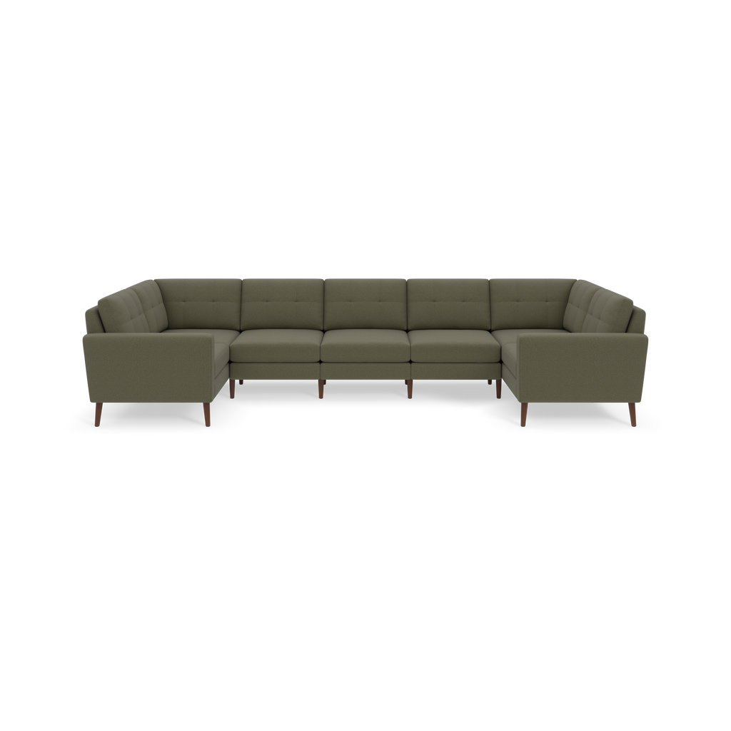 Large Moss green sectional sofa with tufted cushions and wooden legs, featuring a modern, minimalist design.