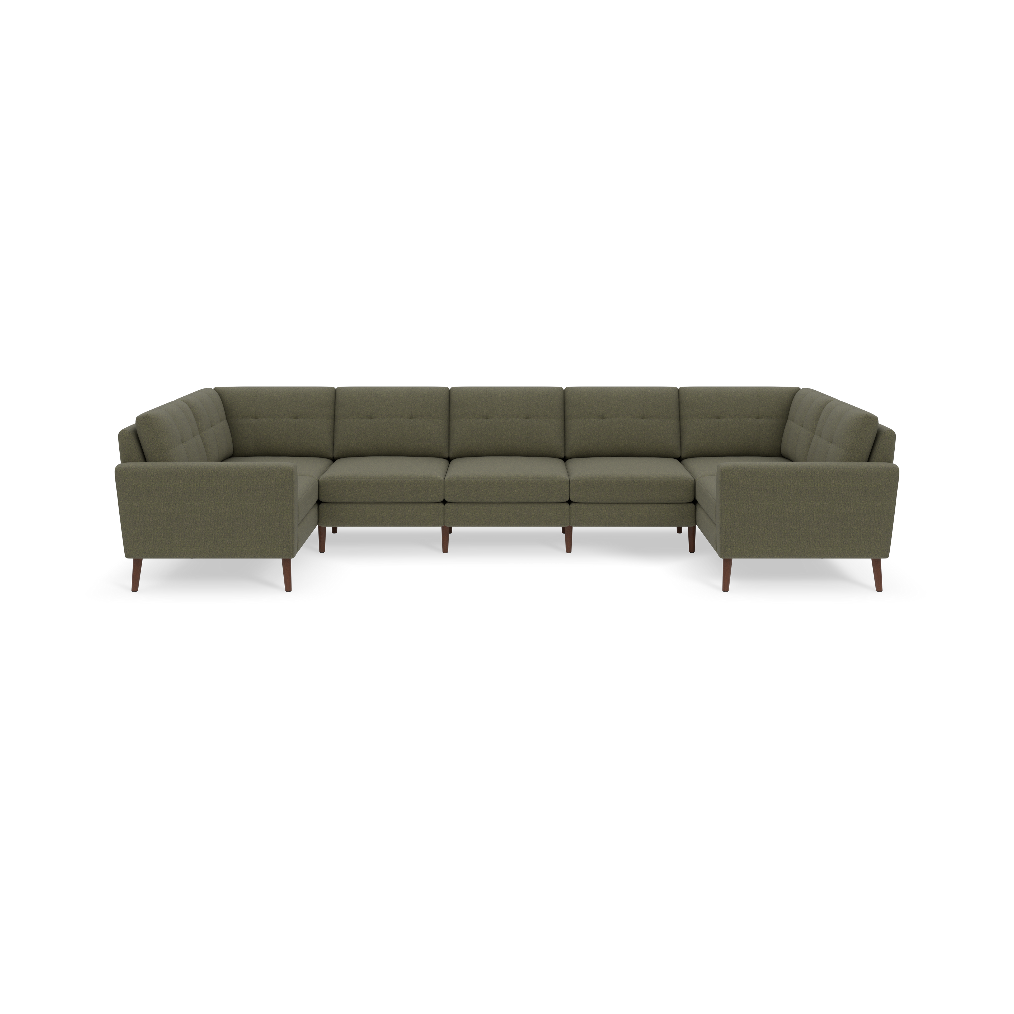 Large Moss green sectional sofa with tufted cushions and wooden legs, featuring a modern, minimalist design.