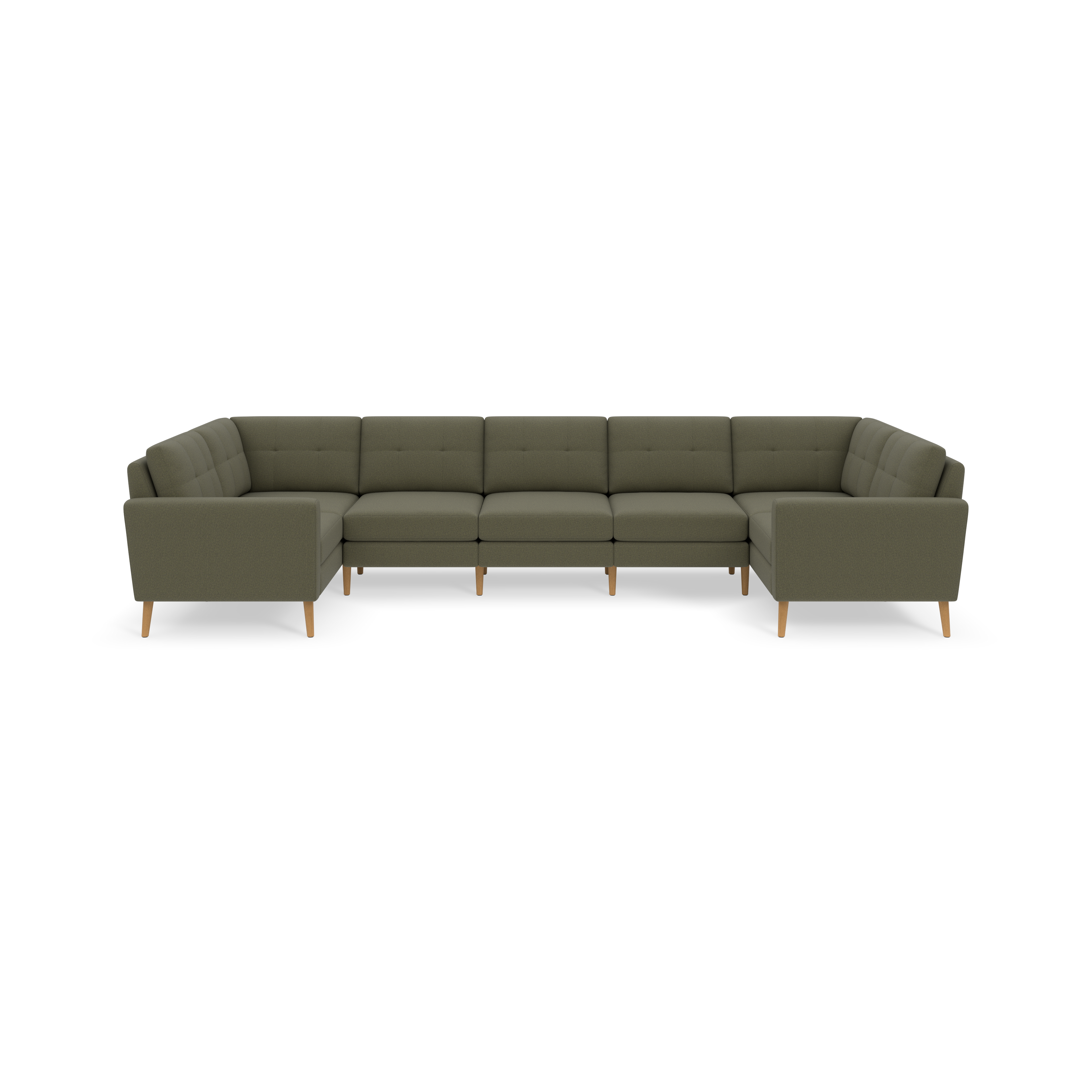 Large U-shaped sectional sofa with Moss green fabric upholstery and wooden legs, featuring tufted back cushions and armrests.