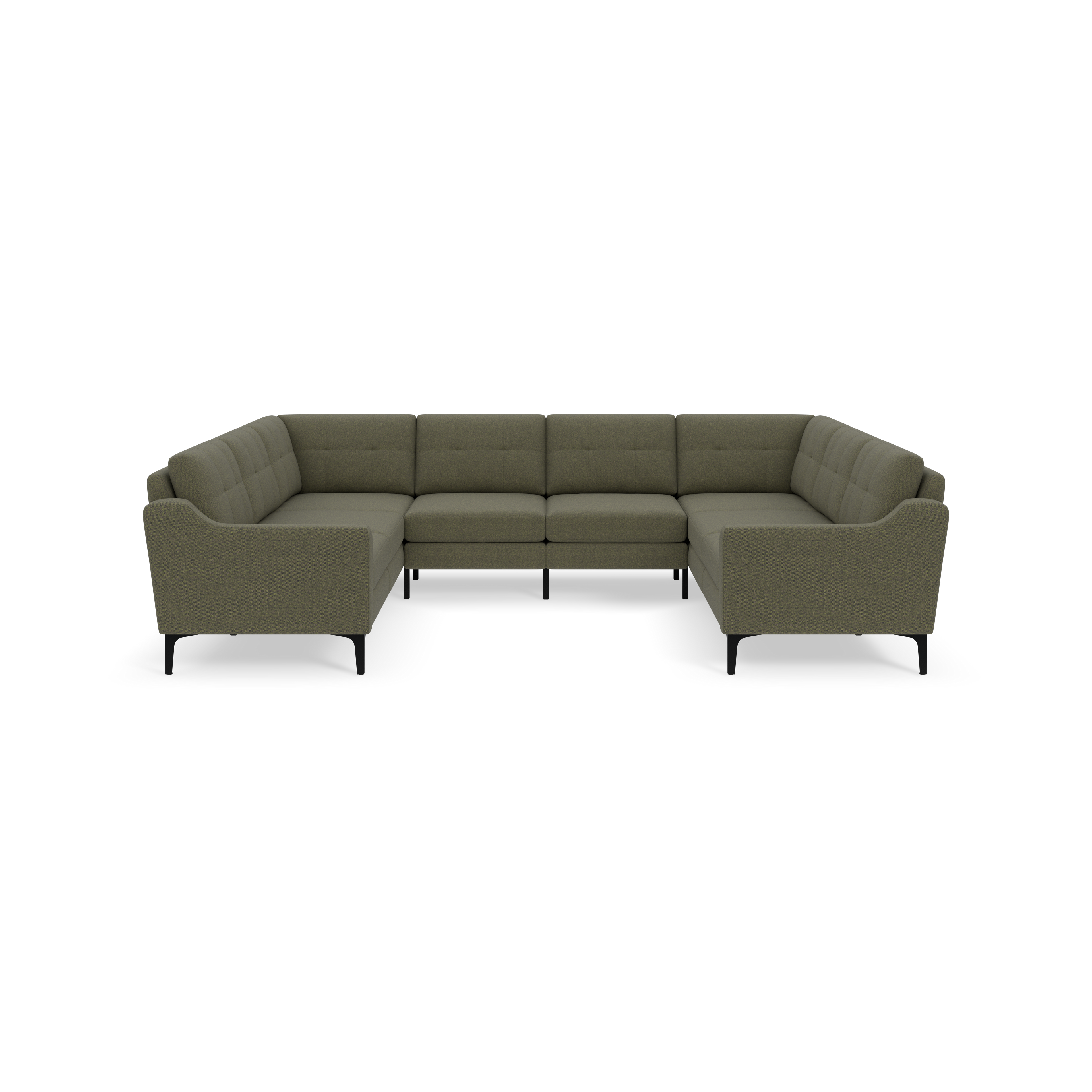 Large Moss green sectional sofa with tufted back cushions, modern curved armrests, and black legs, shown against a black background.