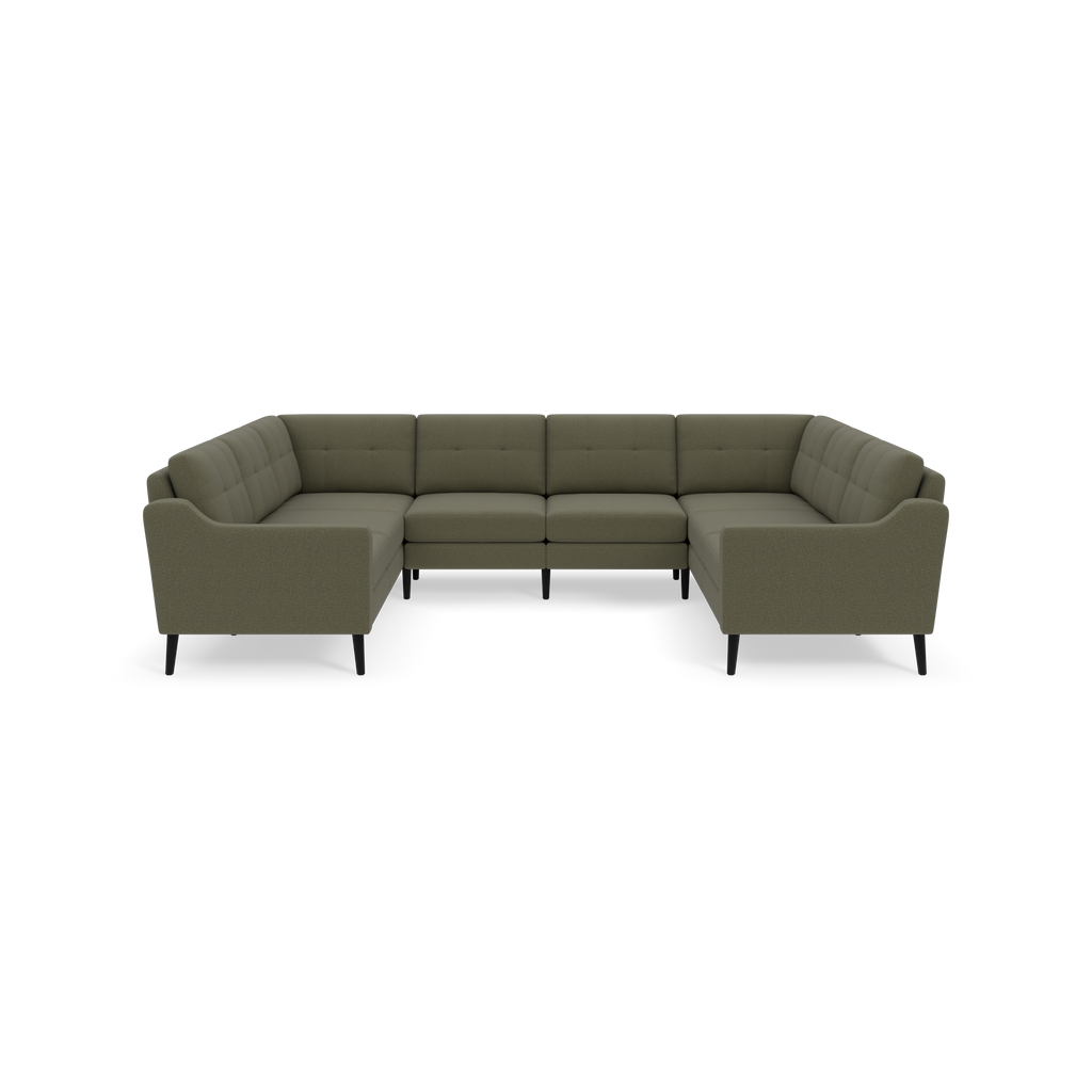 U-shaped Moss green sectional sofa with tufted back cushions and slim black legs, isolated on black background.