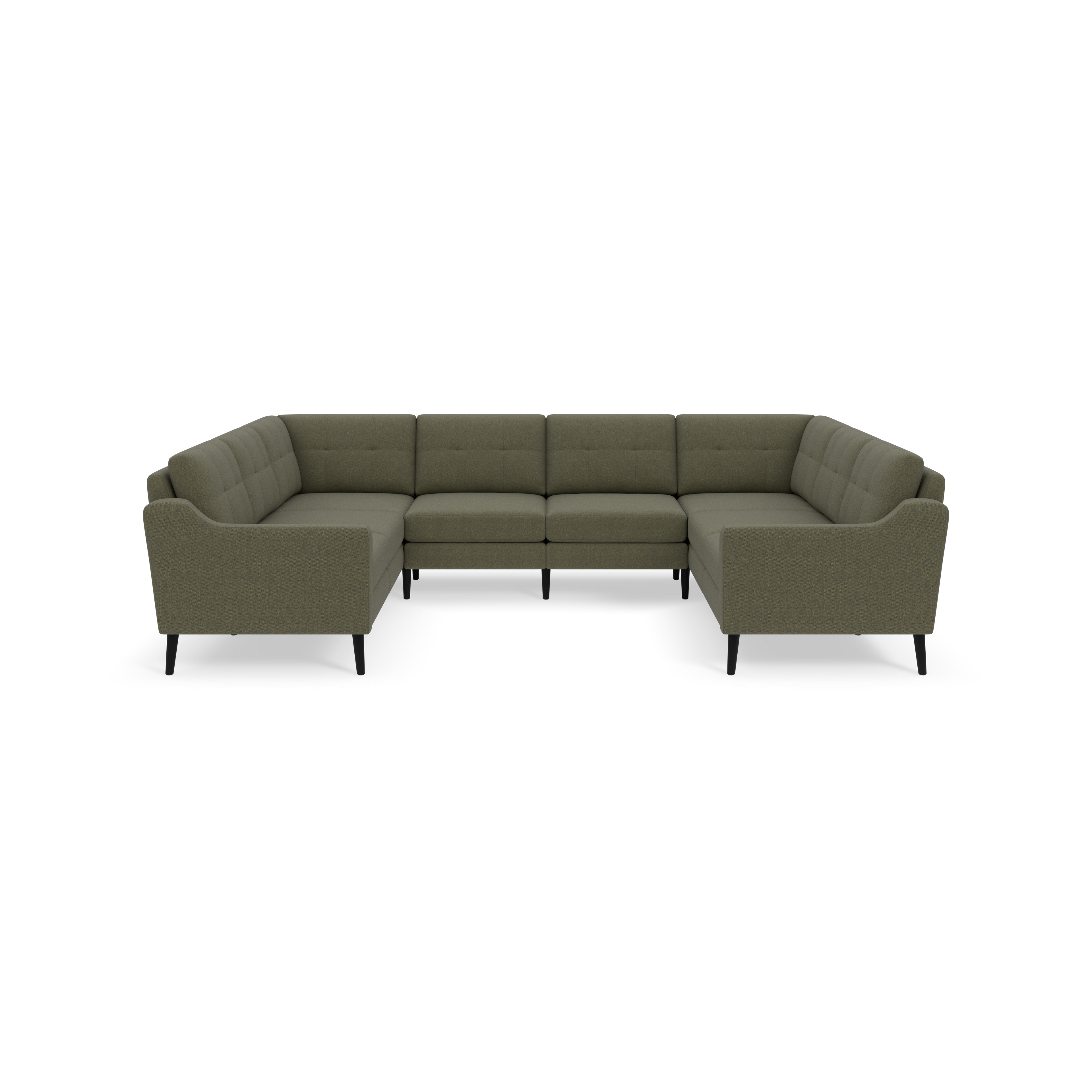 U-shaped Moss green sectional sofa with tufted back cushions and slim black legs, isolated on black background.