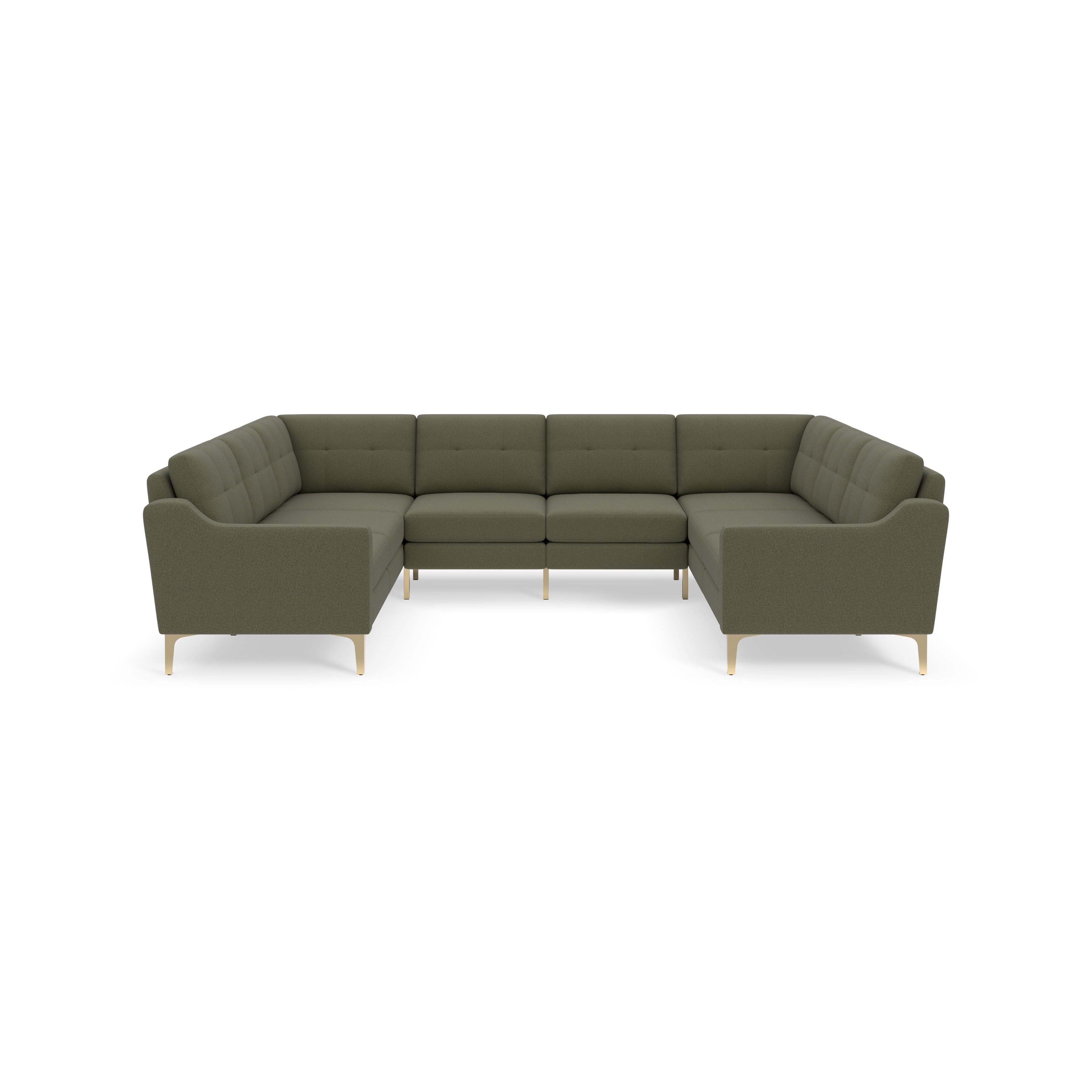 Moss green sectional sofa with tufted back cushions, curved armrests, and light wooden legs, arranged in a U-shape.