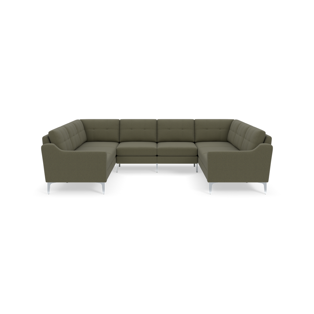 Modern Moss green fabric U-shaped sectional sofa with tufted backrests and slim metal legs, set against a black background.