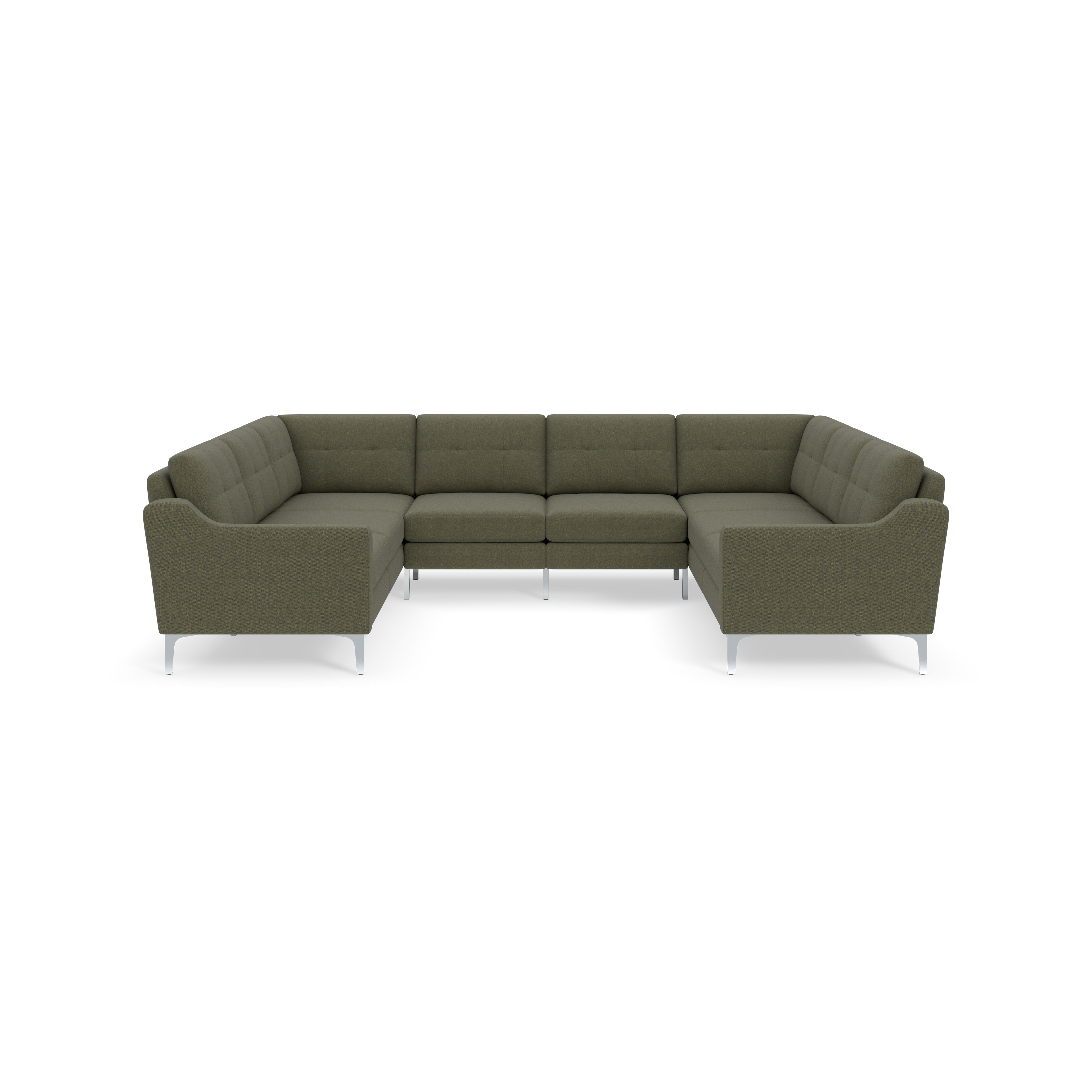 Modern Moss green fabric U-shaped sectional sofa with tufted backrests and slim metal legs, set against a black background.