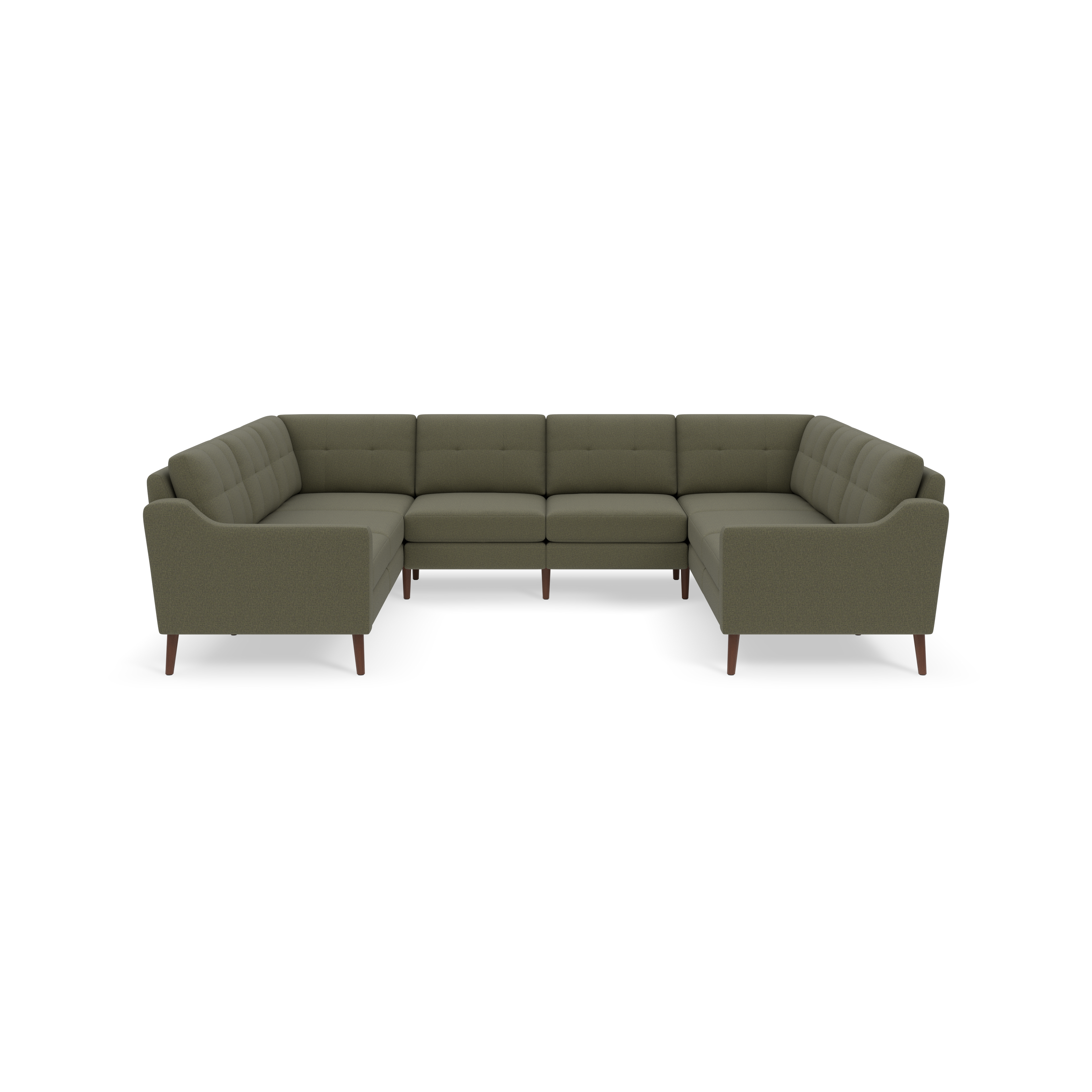 L-shaped sectional sofa upholstered in Moss green fabric with tufted back cushions and wooden tapered legs, shown on a black background.