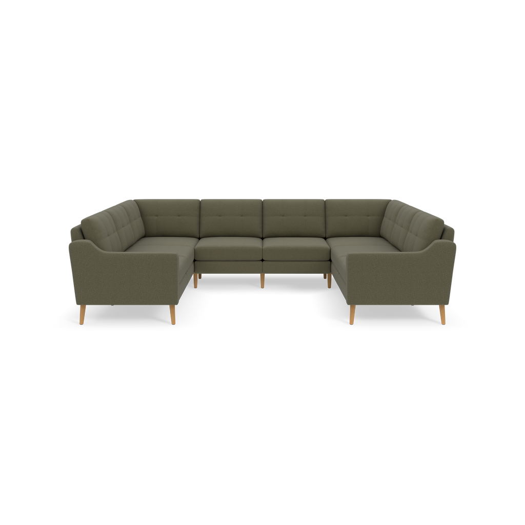 Large U-shaped sectional sofa with Moss green upholstery and wooden legs, featuring cushioned backs and seats.
