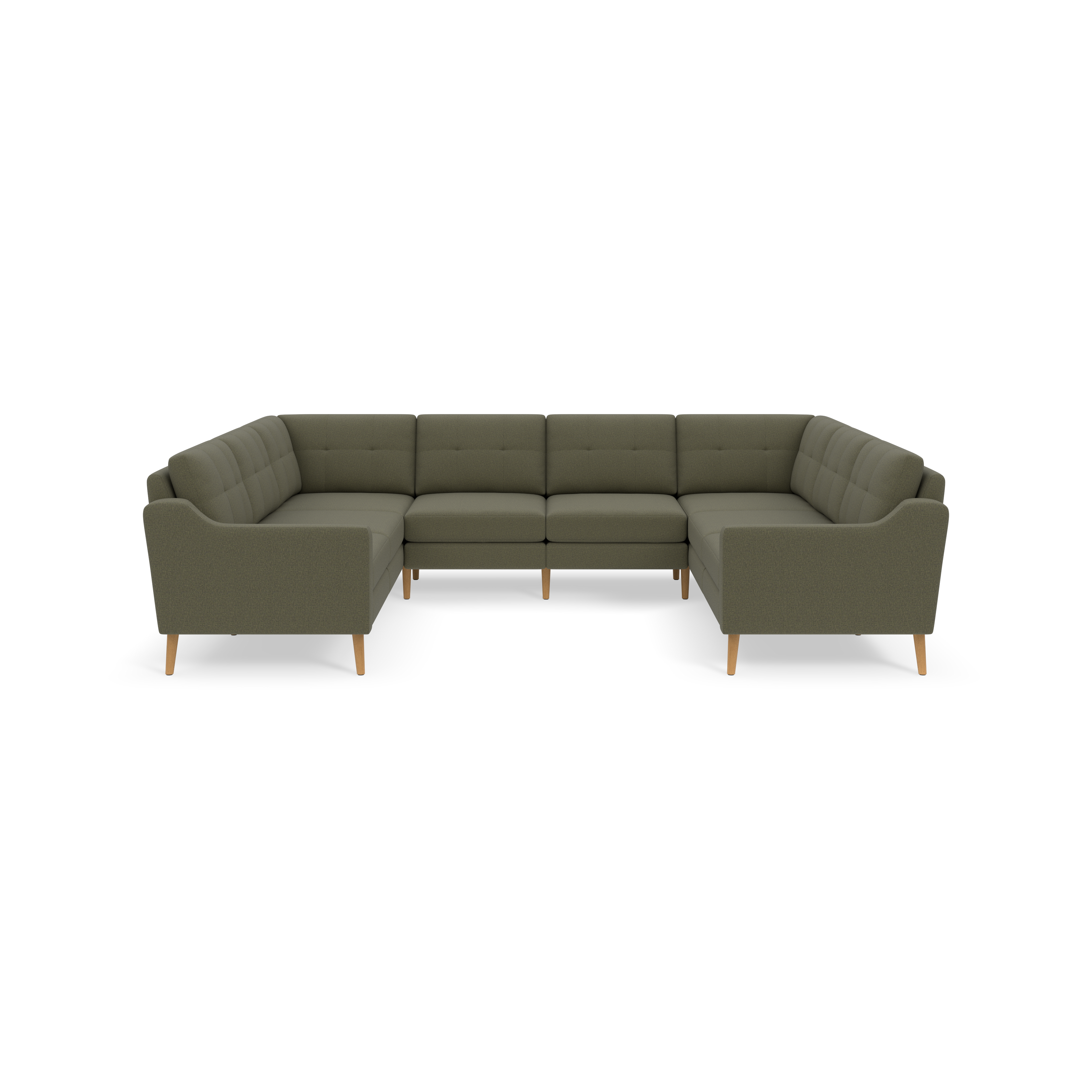 Large U-shaped sectional sofa with Moss green upholstery and wooden legs, featuring cushioned backs and seats.