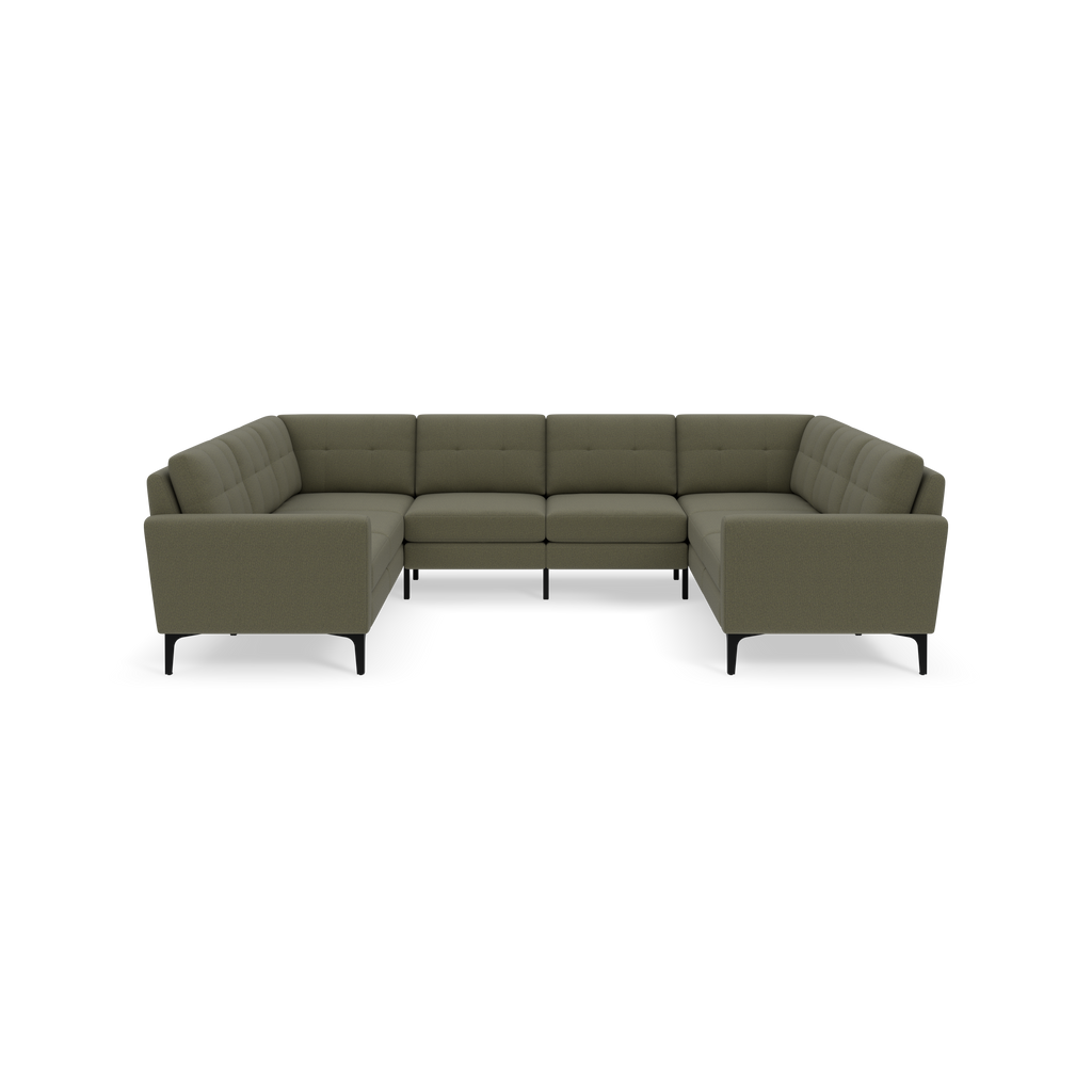 Modern U-shaped sectional sofa in muted Moss green fabric with tufted back cushions and black tapered legs.