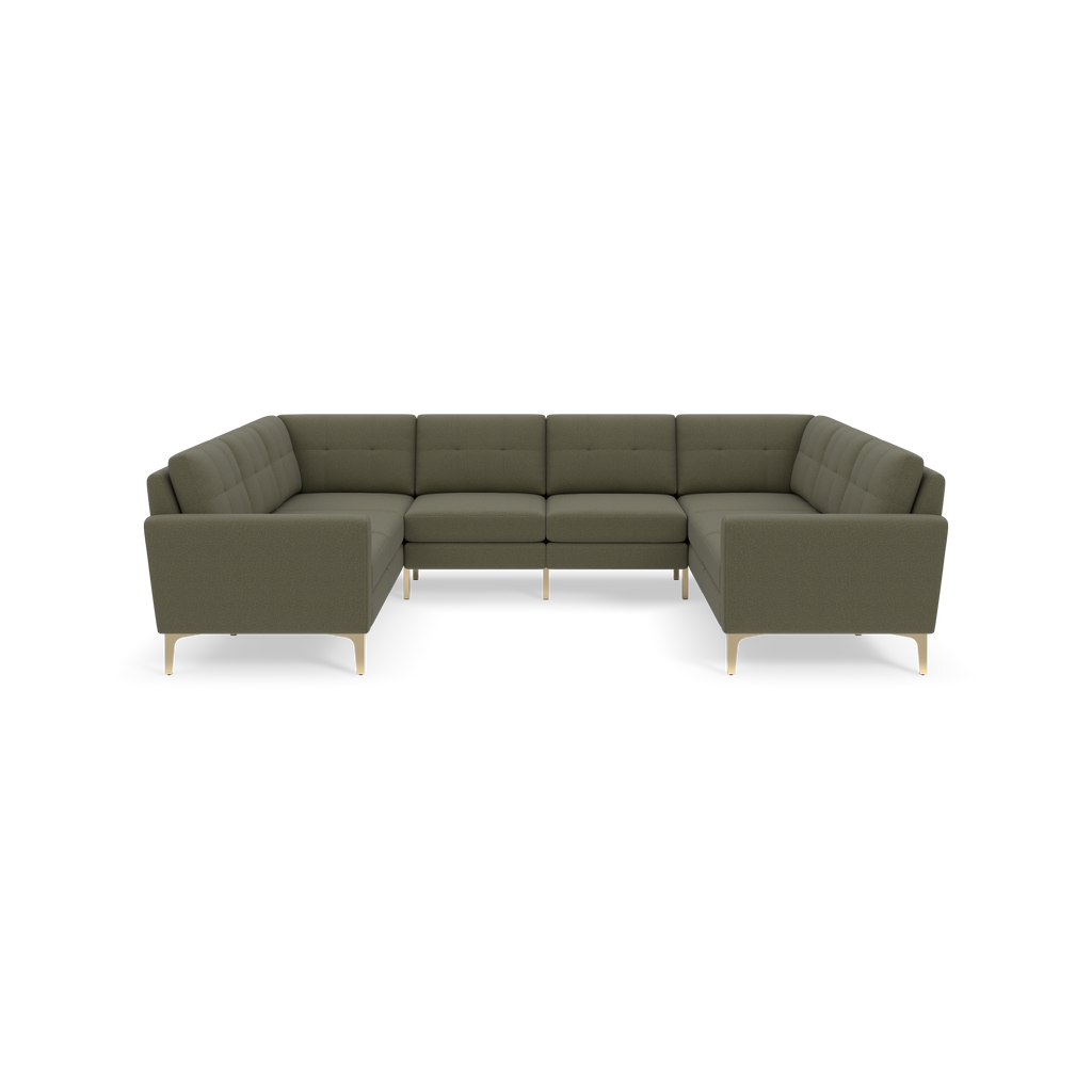 U-shaped Moss green sectional sofa with tufted cushions and slim wooden legs, modern design, spacious seating.