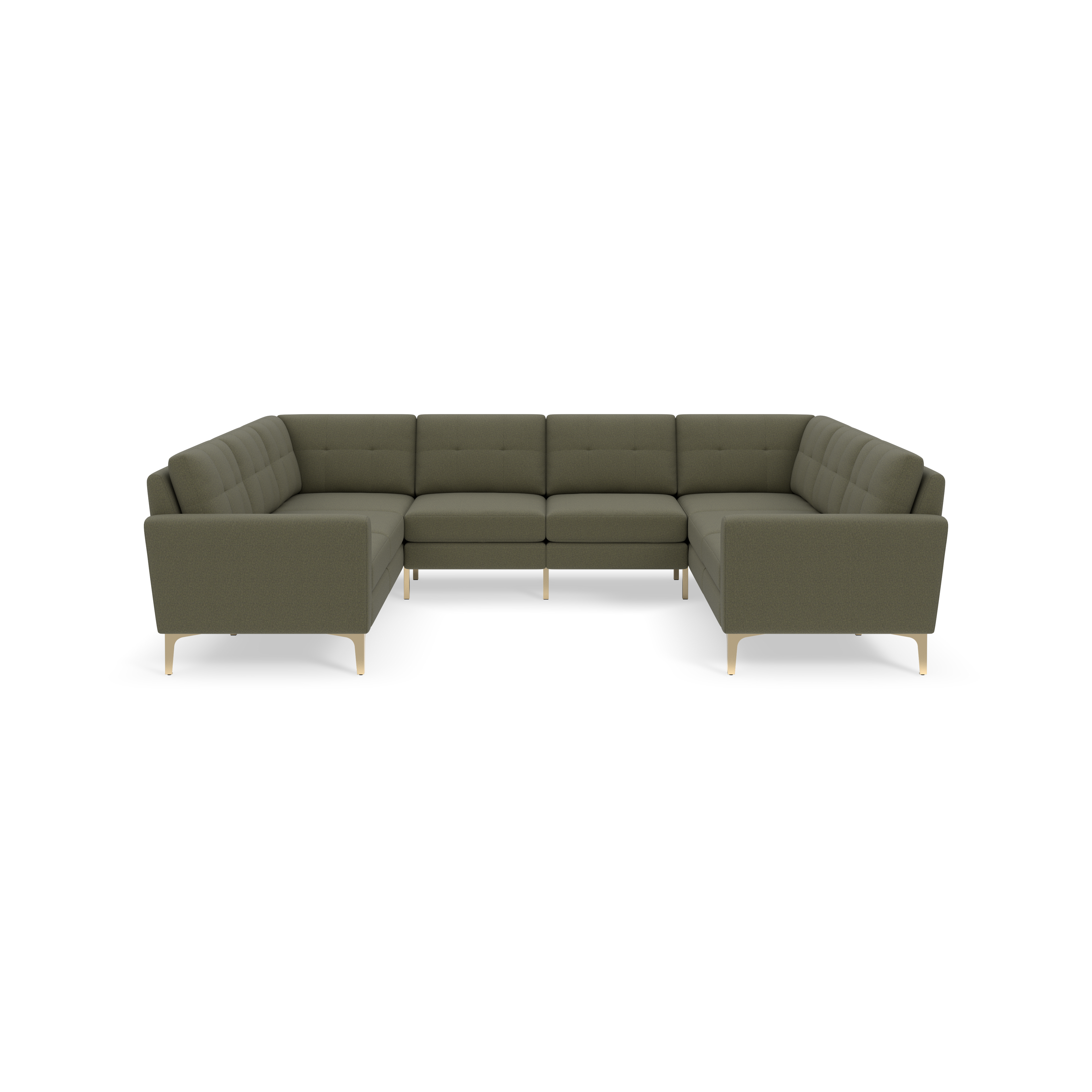 U-shaped Moss green sectional sofa with tufted cushions and slim wooden legs, modern design, spacious seating.