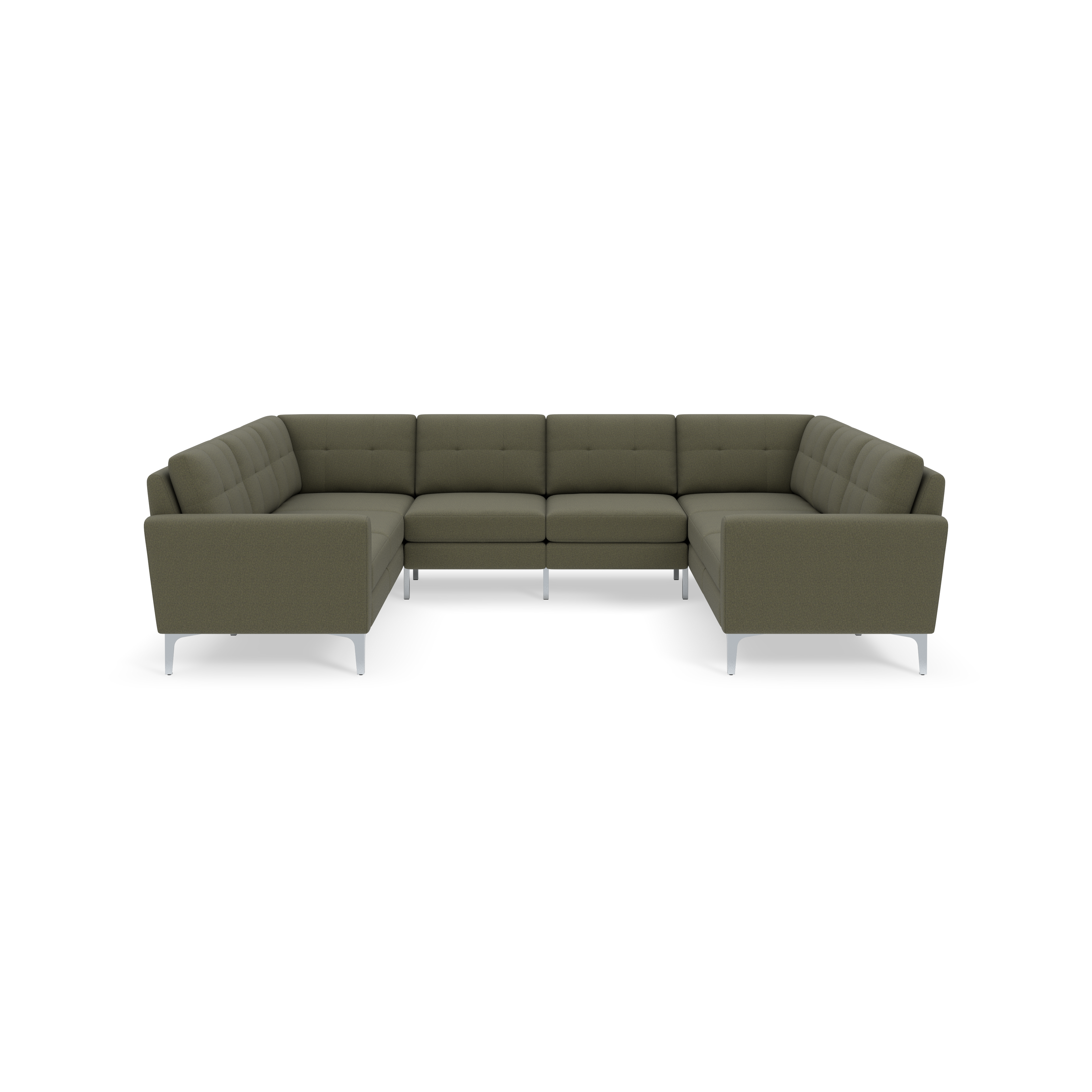 U-shaped sectional sofa with Moss green upholstery, tufted cushions, and sleek silver metal legs against black background.