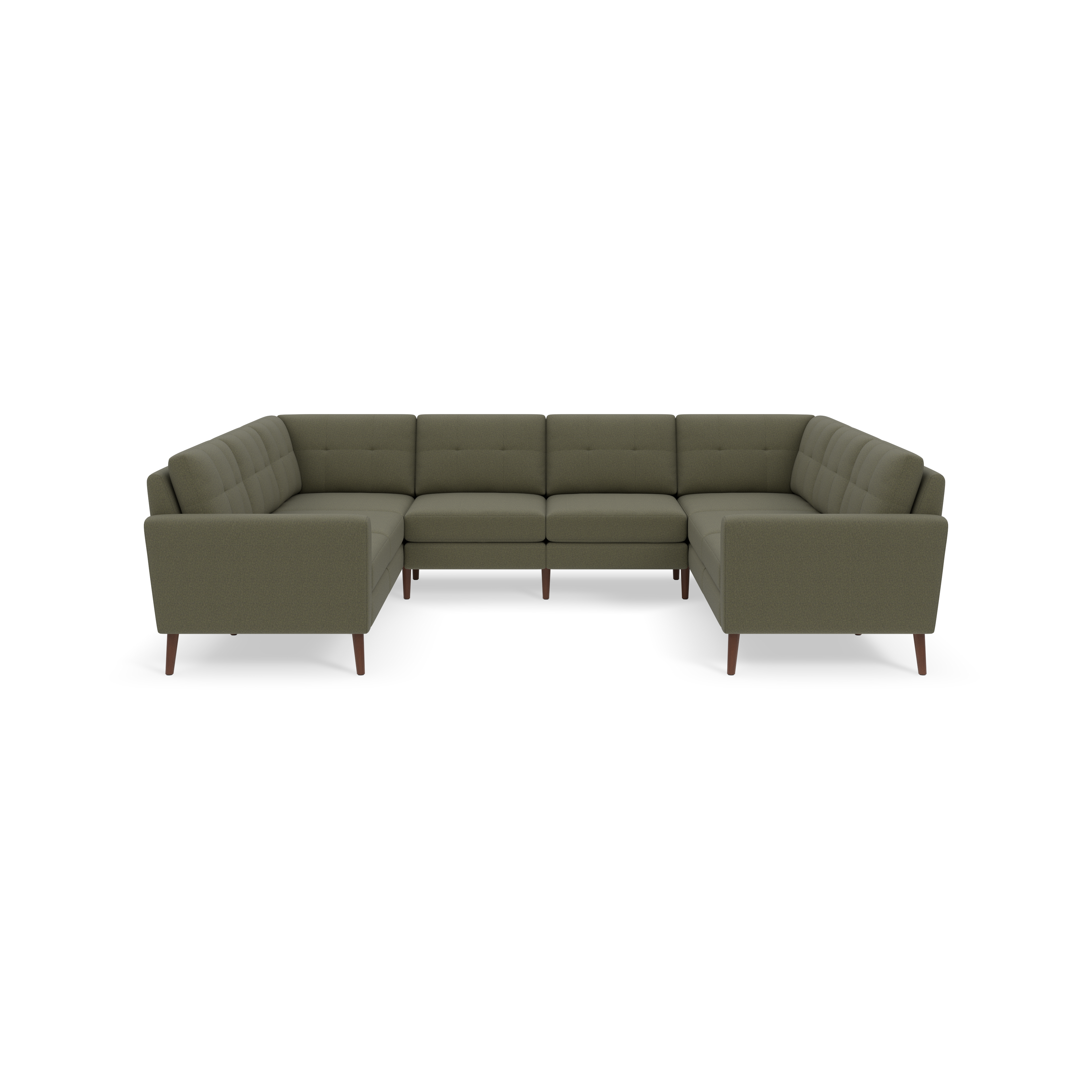 U-shaped sectional sofa with Moss green fabric upholstery, tufted back cushions, and wooden tapered legs.