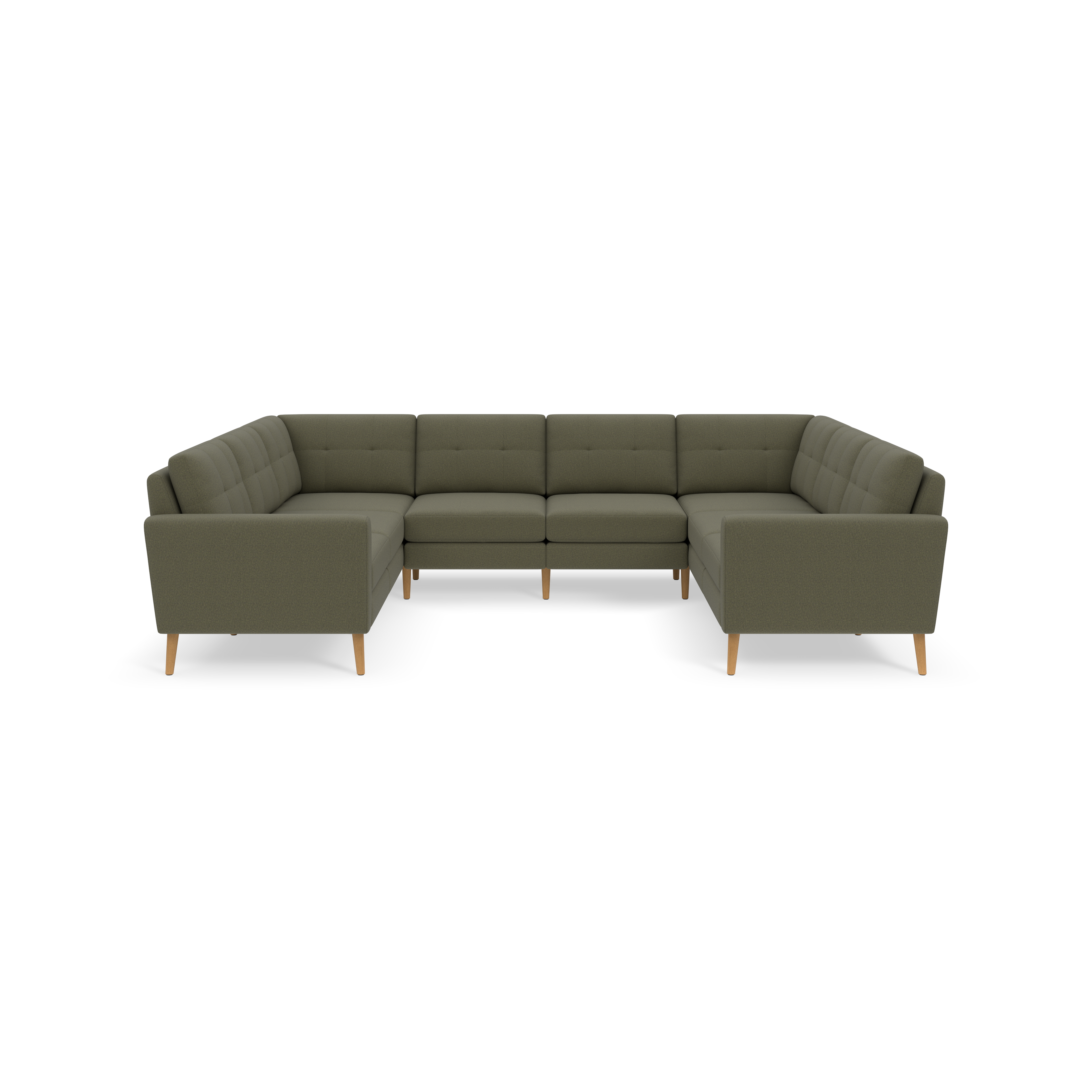 Large Moss green U-shaped sectional sofa with tufted cushions and light wooden legs against black background.