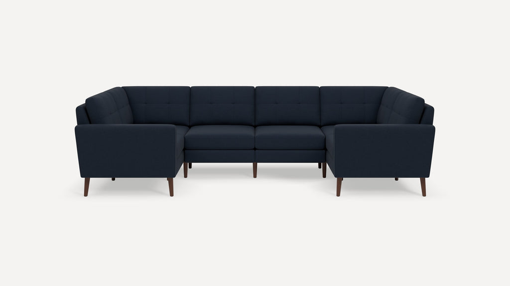 Nomad Plus 6-Seat U Sectional - Navy Blue - Performance Flatweave / Walnut - Wood / Block Arm