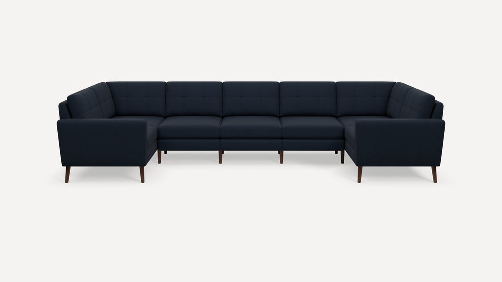 Nomad Plus 7-Seat U Sectional - Navy Blue - Performance Flatweave / Walnut - Wood / Block Arm