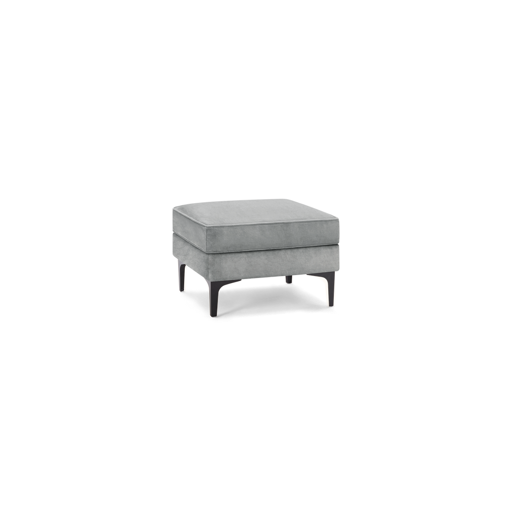 modern gray velvet ottoman with metal legs and square cushioned seat