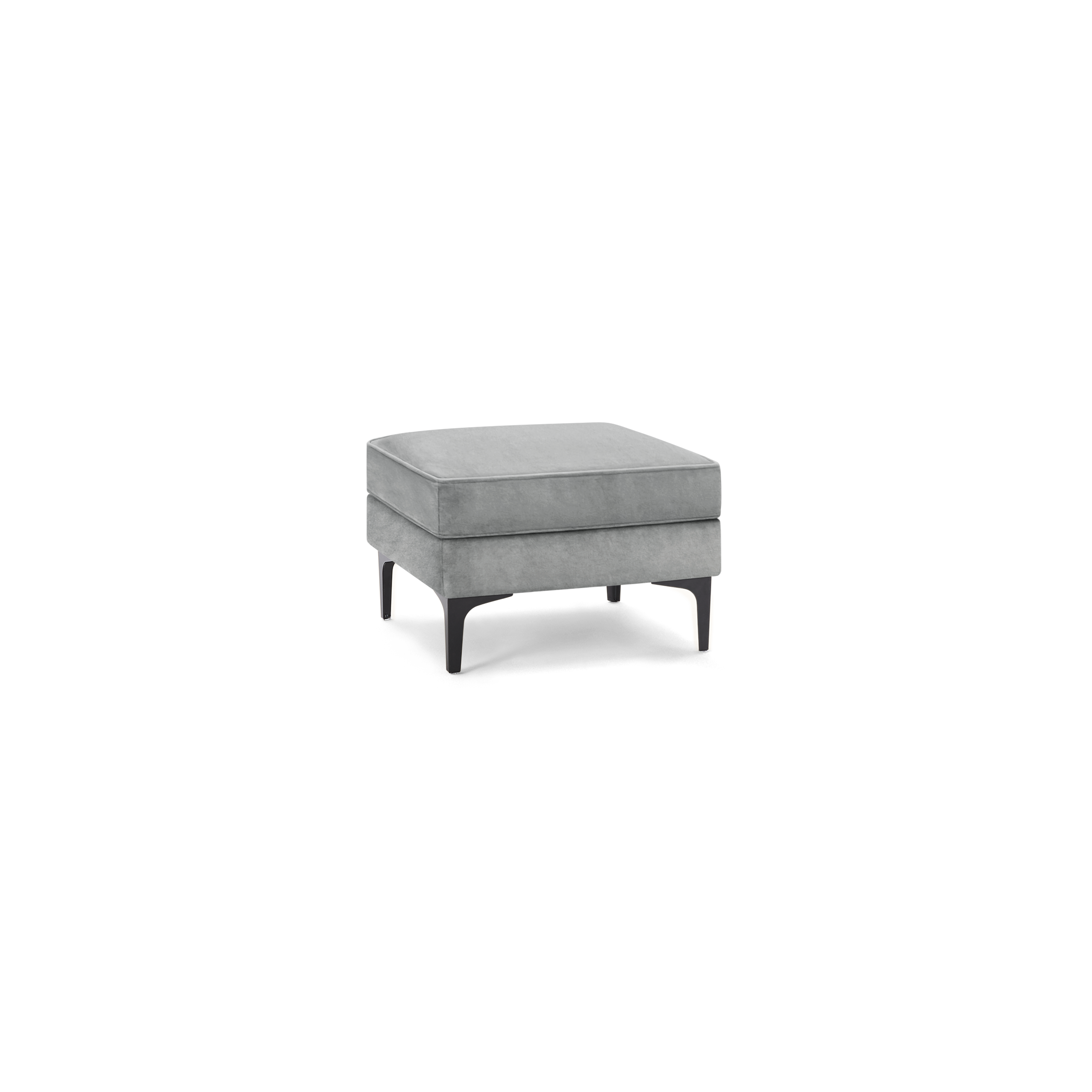 modern gray velvet ottoman with metal legs and square cushioned seat