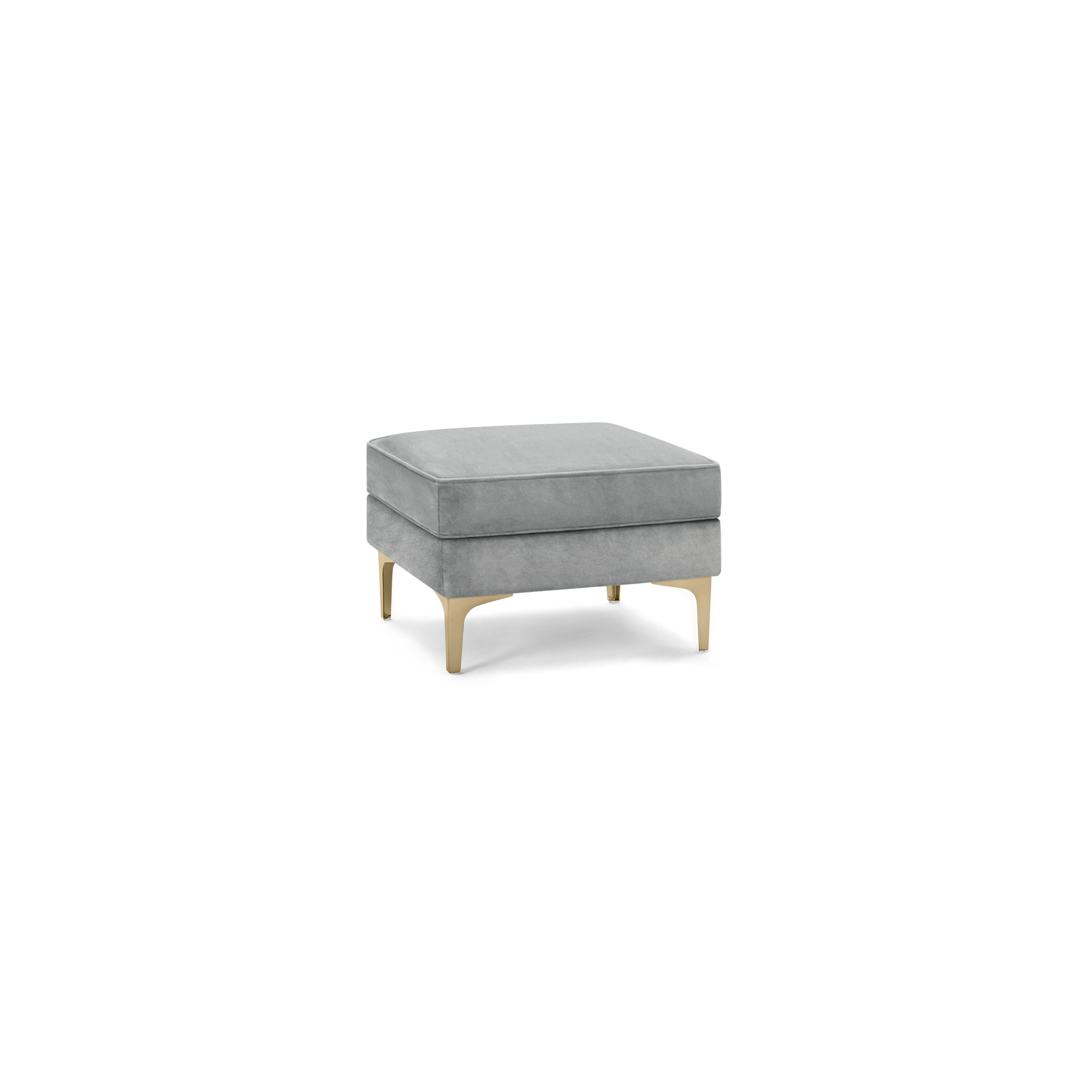 modern gray velvet ottoman with gold metal legs and a square cushion on a black background