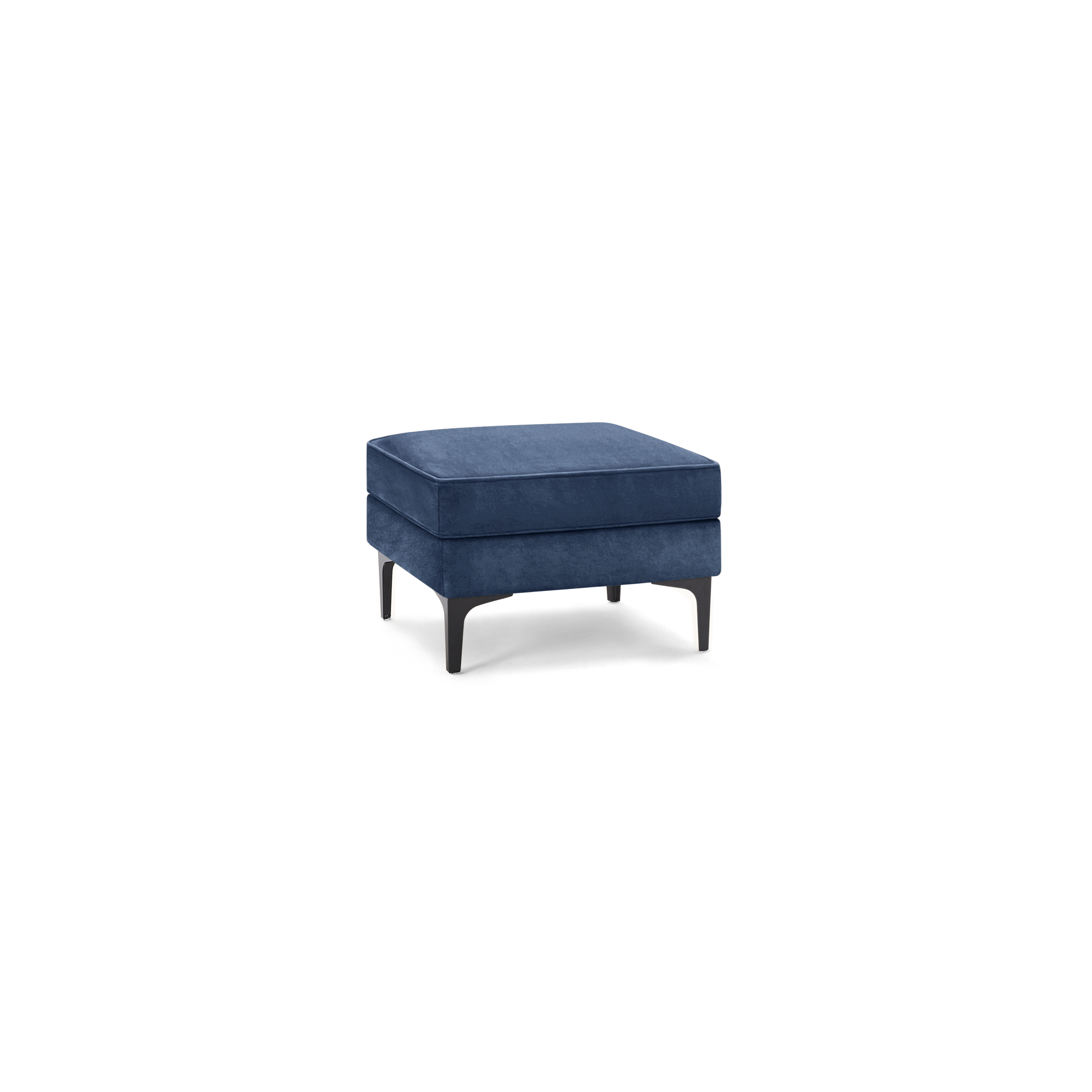 modern blue velvet ottoman with metal legs and square cushioned seat, featuring a slim rectangular shape, featuring a tapered, tapered