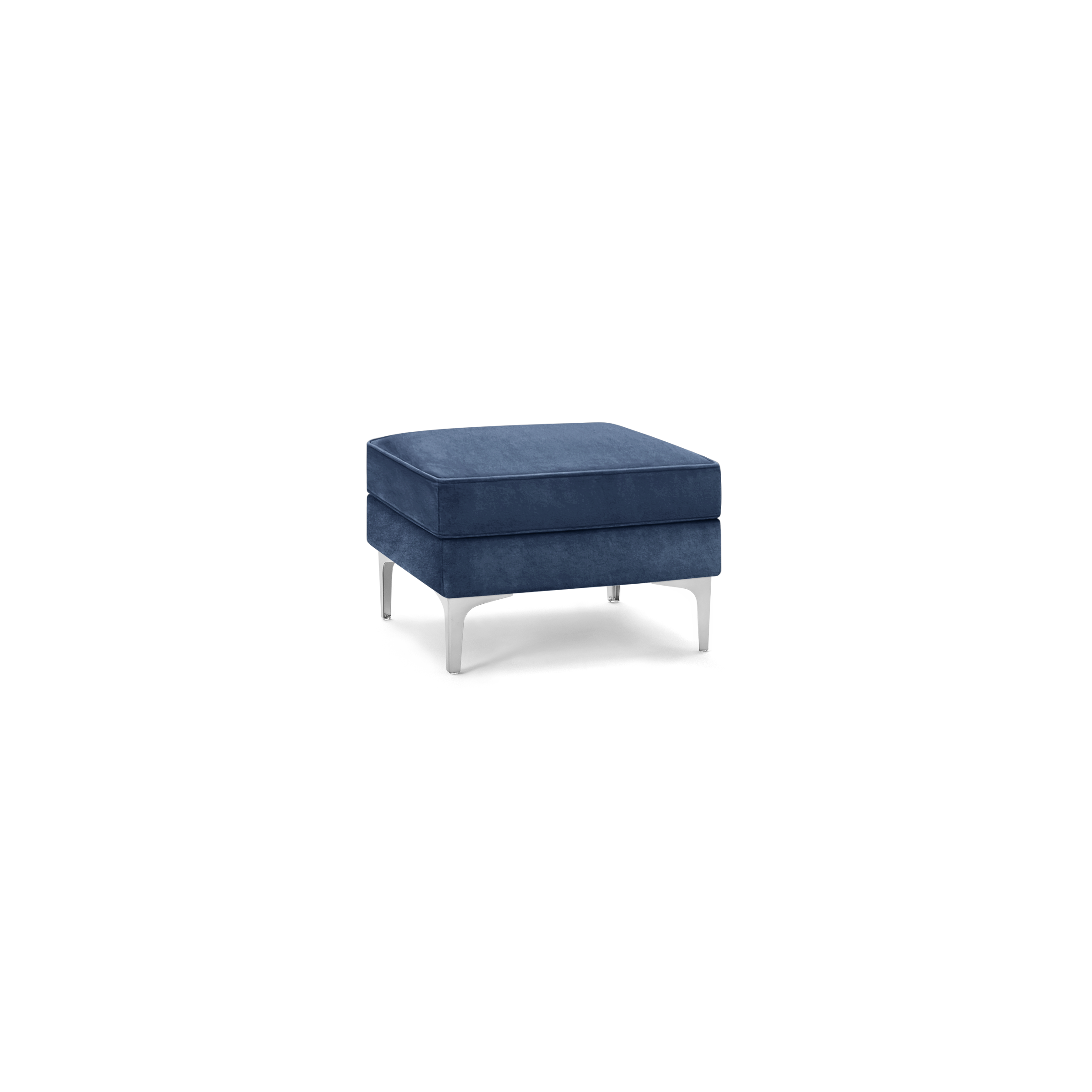 modern blue velvet ottoman with chrome legs and square cushioned seat, featuring a sleek design and clean lines
