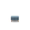 modern blue velvet upholstered bench with wooden legs and tapered legs, designed for comfort and relaxation