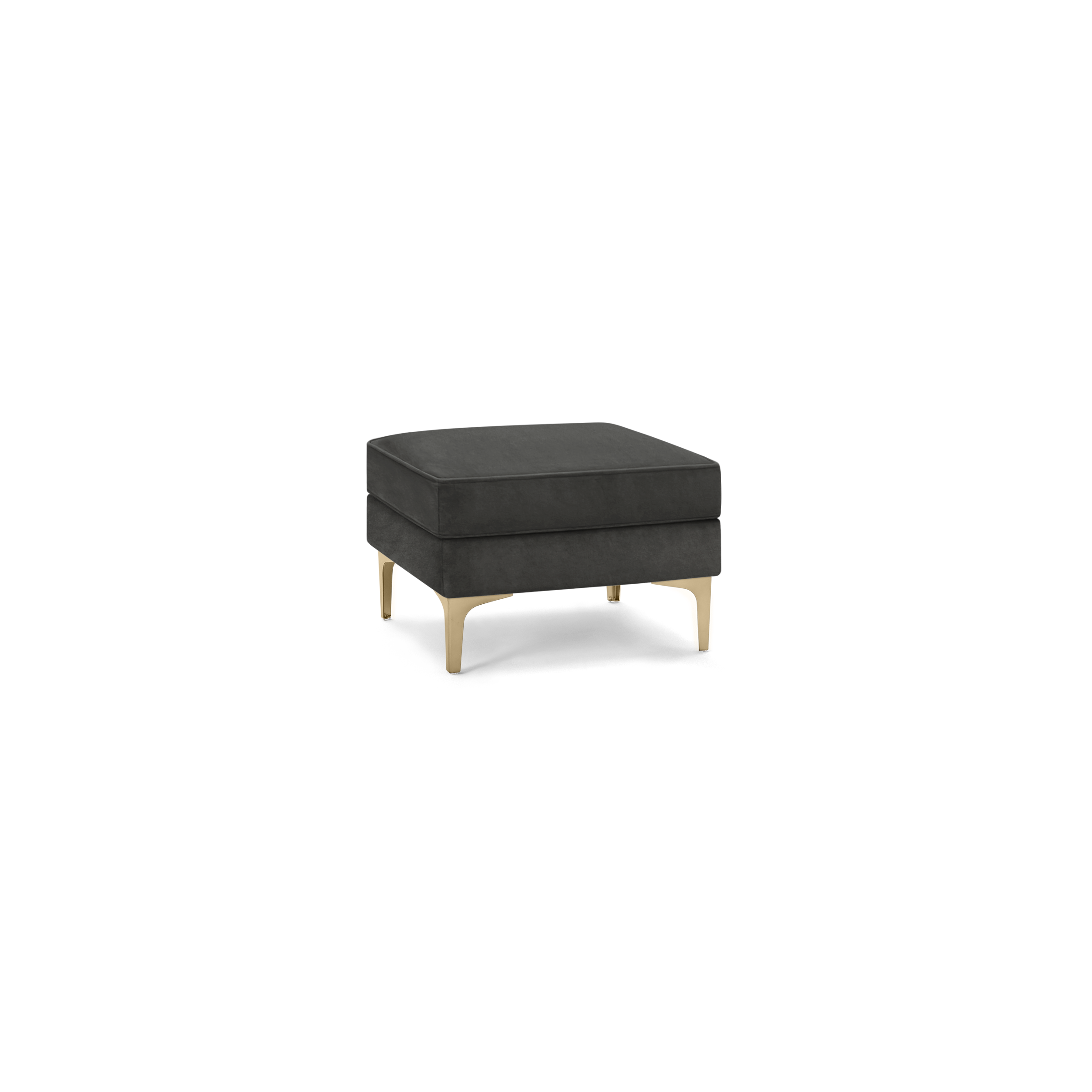 modern black velvet ottoman with gold metal legs and square cushioned seat cushioned on a black background