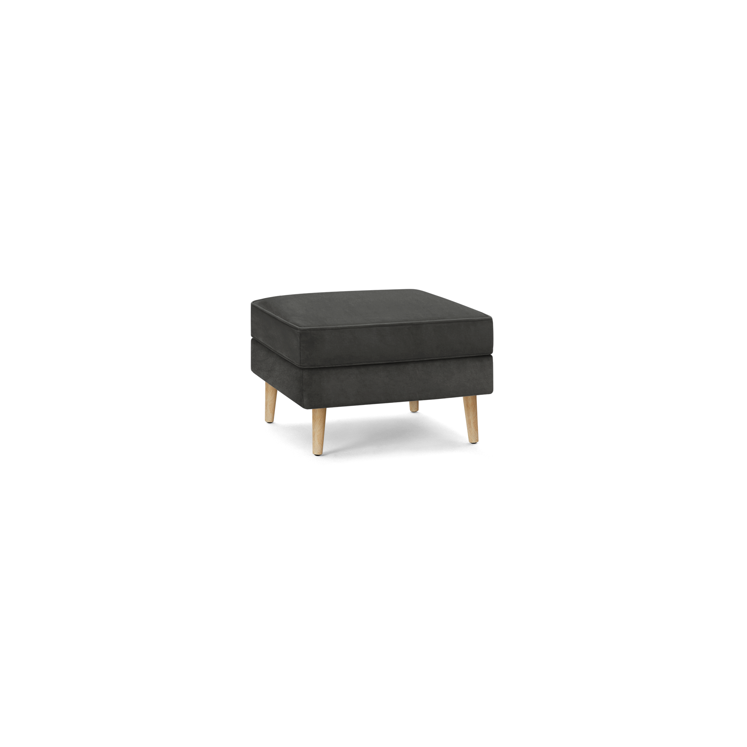 black ottoman with wooden legs and a cushioned seat