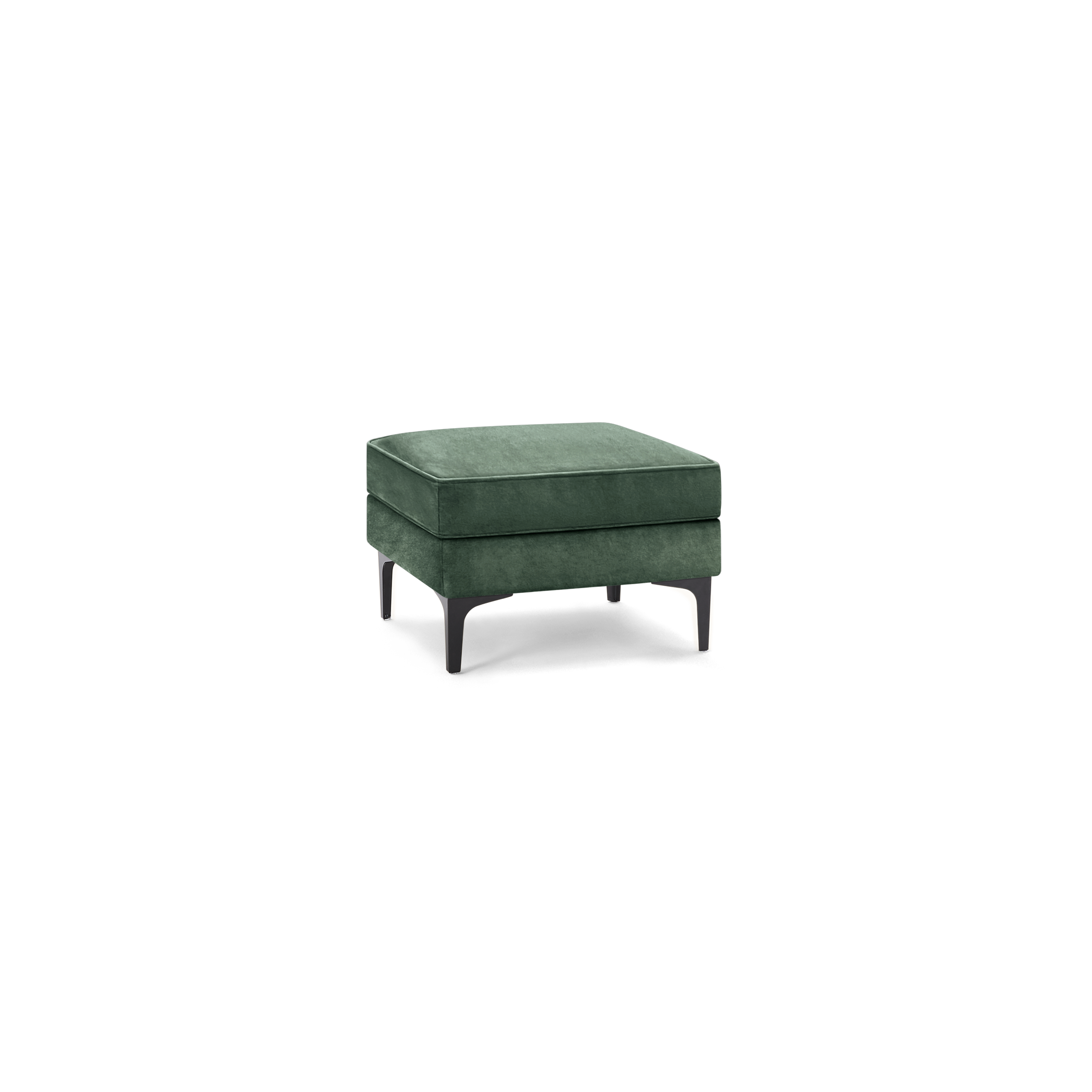 modern green velvet ottoman with metal legs and square cushioned seat, featuring a sleek design and clean lines