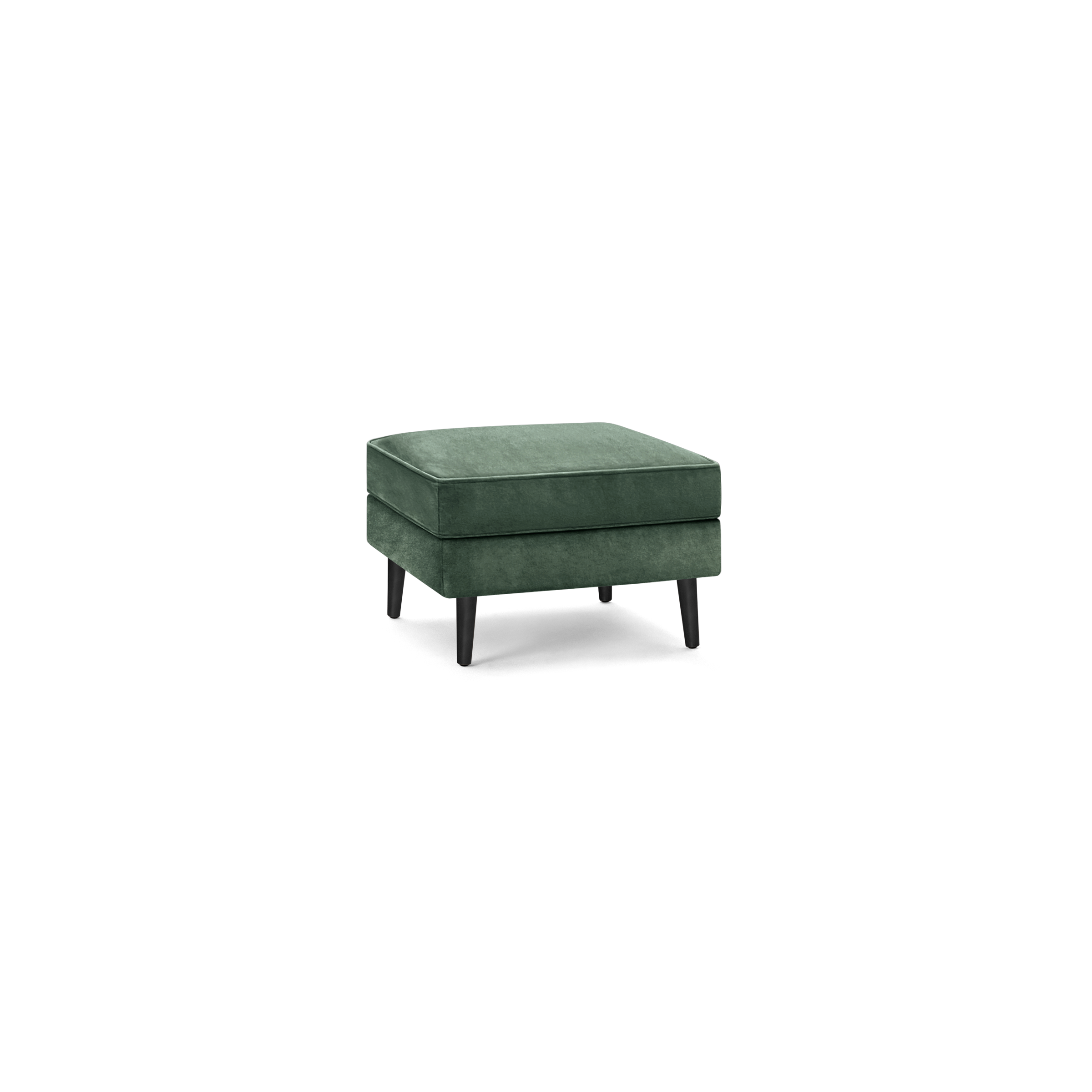 dark green velvet ottoman with black legs and square cushioned seat