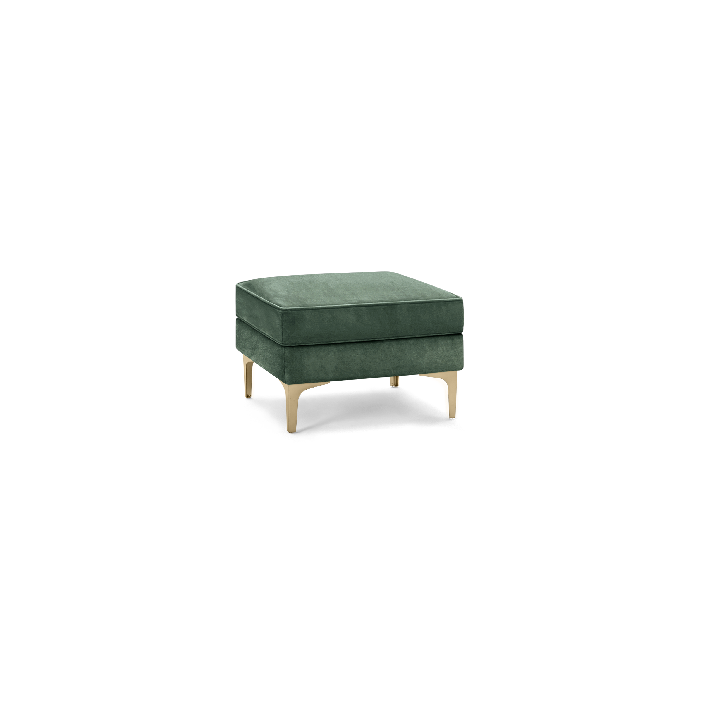 modern green velvet ottoman with gold metal legs and square cushioned seat on a black background