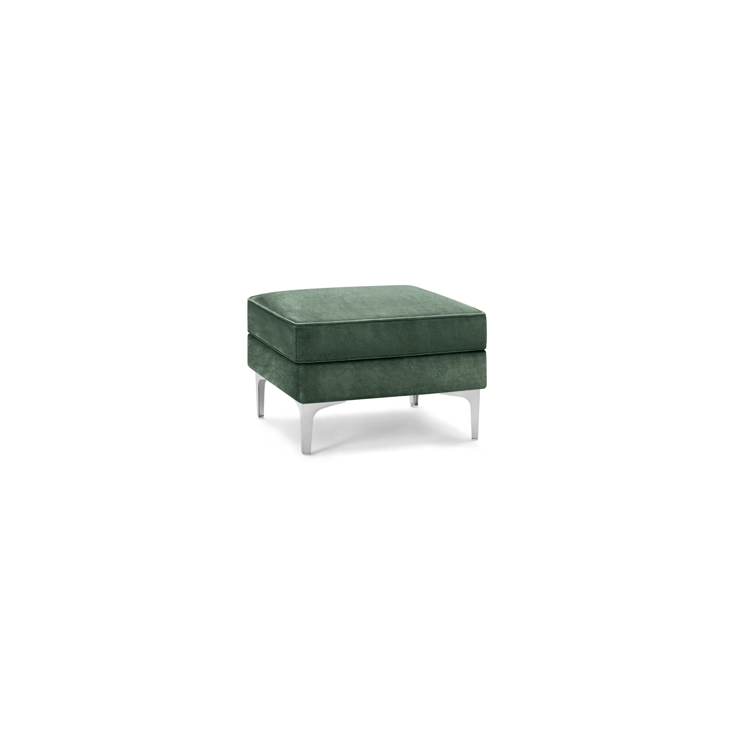 modern green velvet ottoman with chrome legs and square cushioned seat, featuring a sleek design and clean lines
