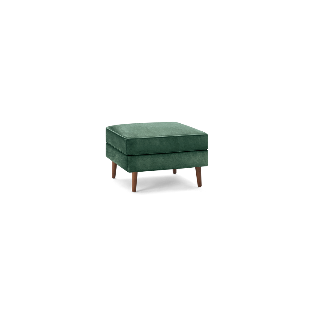dark green velvet ottoman with wooden legs and square cushioned seat