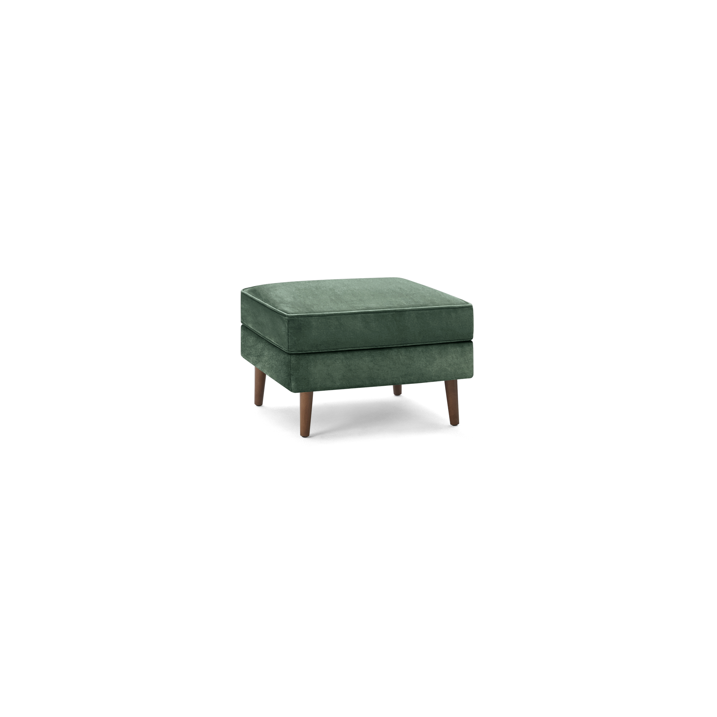 dark green velvet ottoman with wooden legs and square cushioned seat