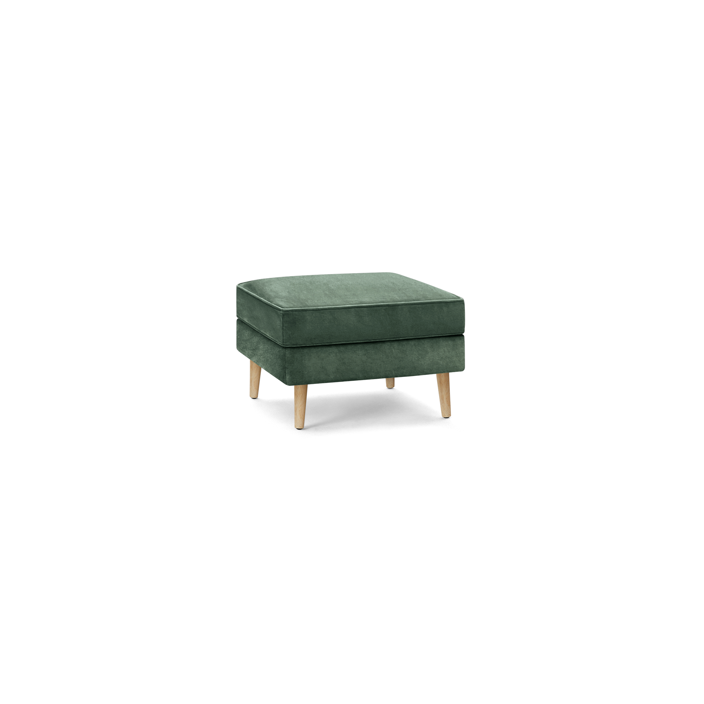 dark green velvet ottoman with wooden legs and a square cushion on a black background