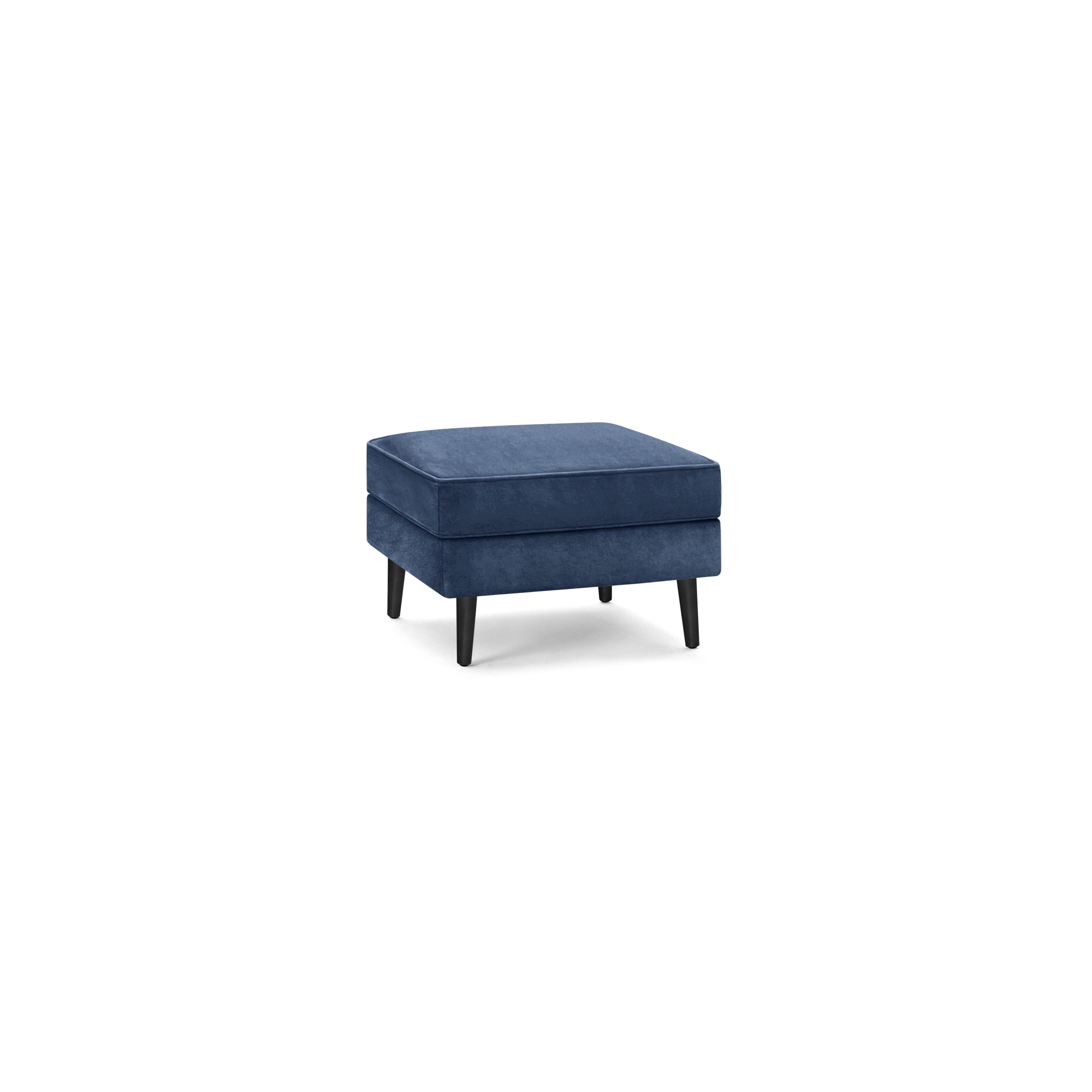 modern blue velvet ottoman with black legs and square cushioned seat