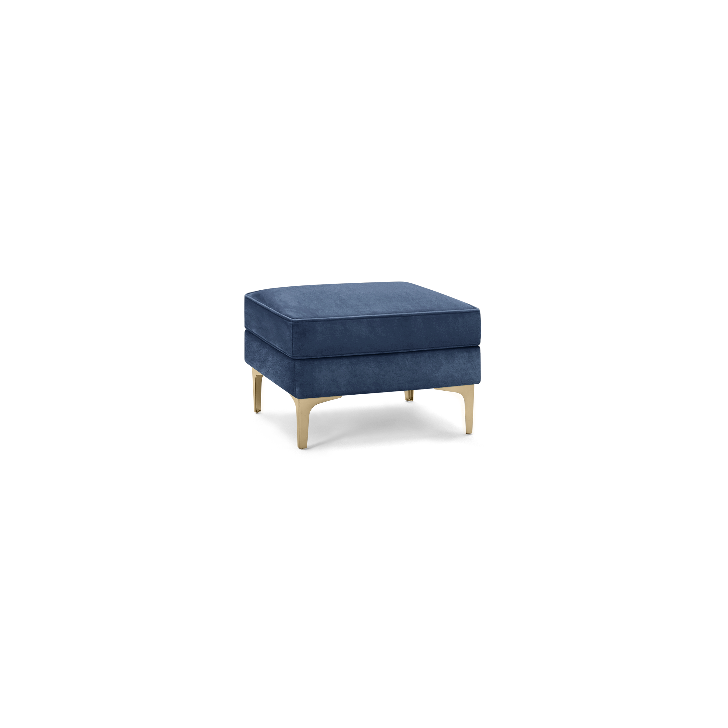 modern navy blue velvet ottoman with gold metal legs and square cushioned seat, designed for living room or bedroom
