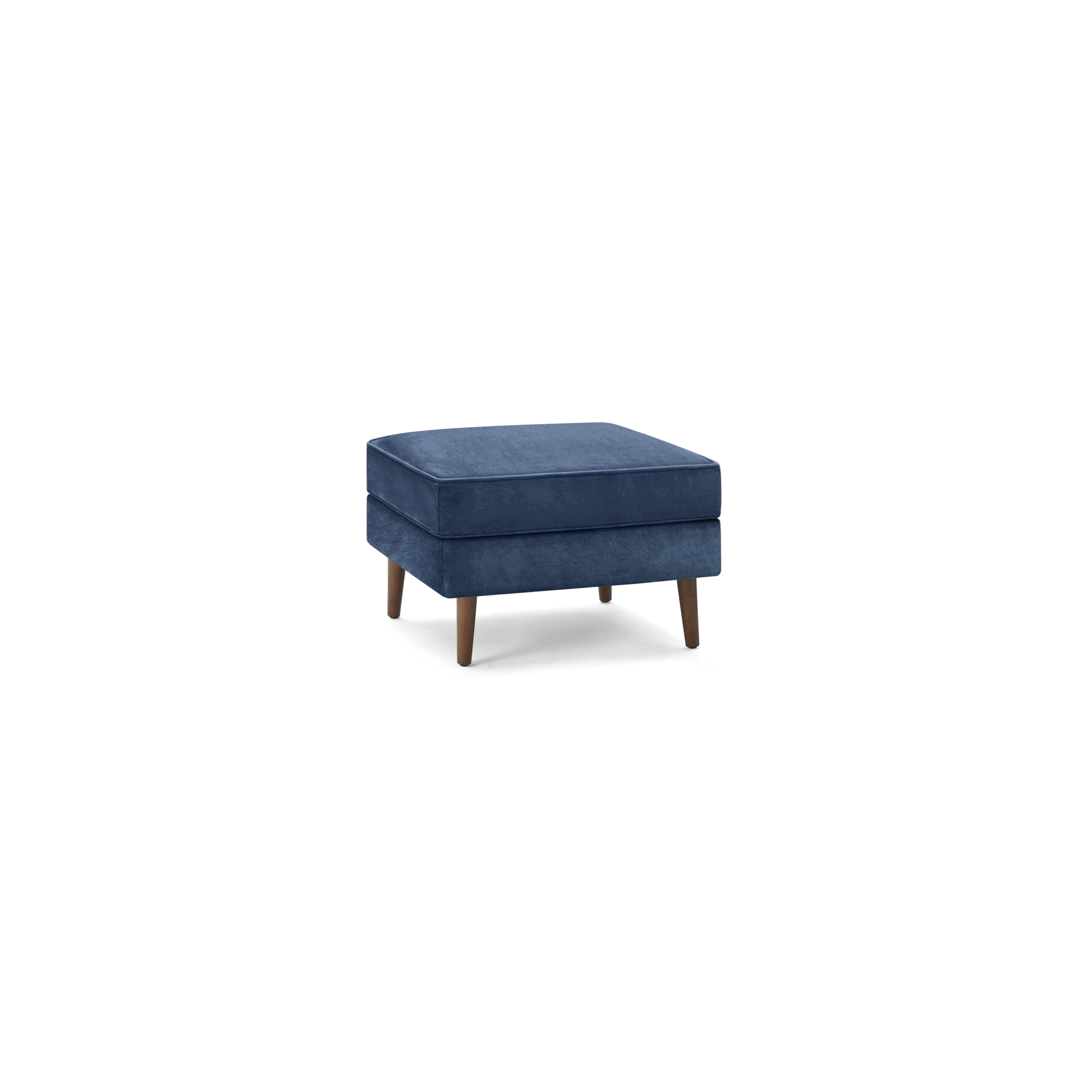 modern blue velvet ottoman with wooden legs and square cushioned seat, designed for comfort and relaxation