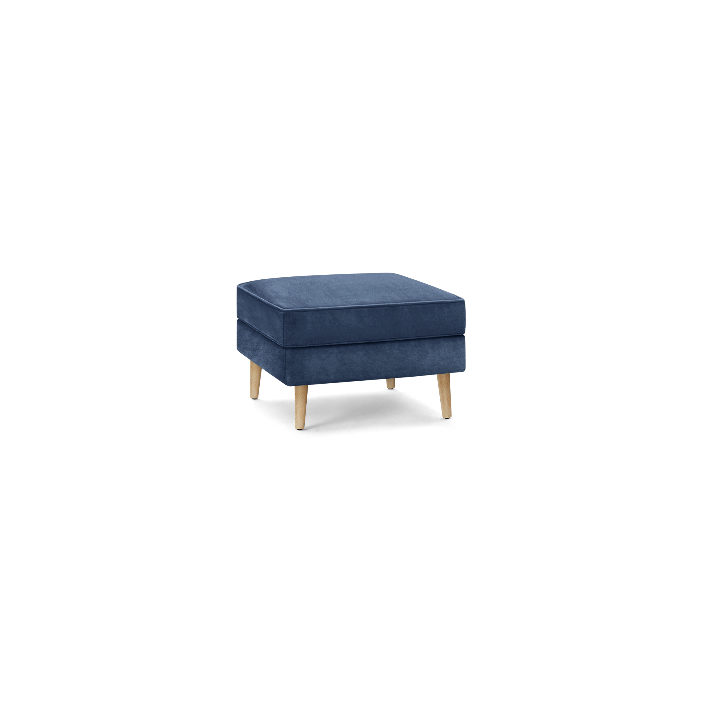 modern blue velvet ottoman with wooden legs and a square cushioned seat, featuring a wooden tapered design, and a tapered wooden tapered