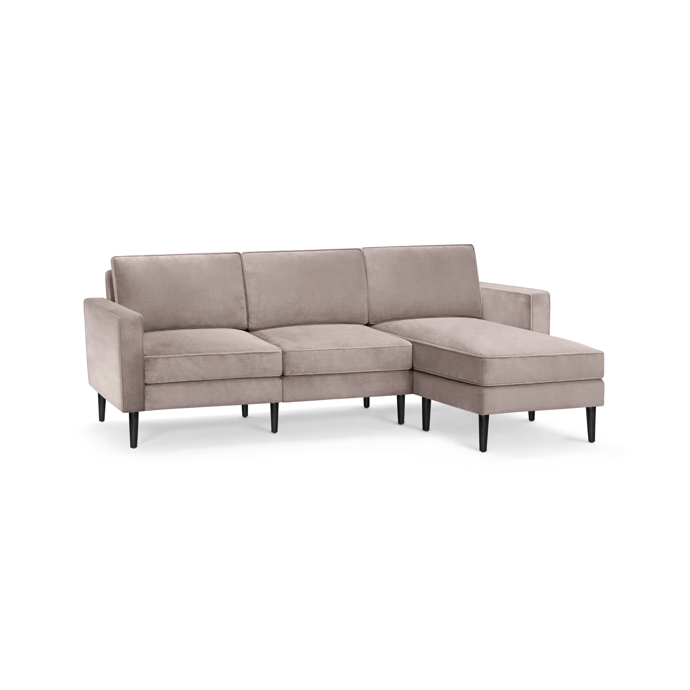 modern l - shaped sectional sofa with sleek black legs and a deep tau beige fabric upholstery, featuring a sleek backrest and sleek