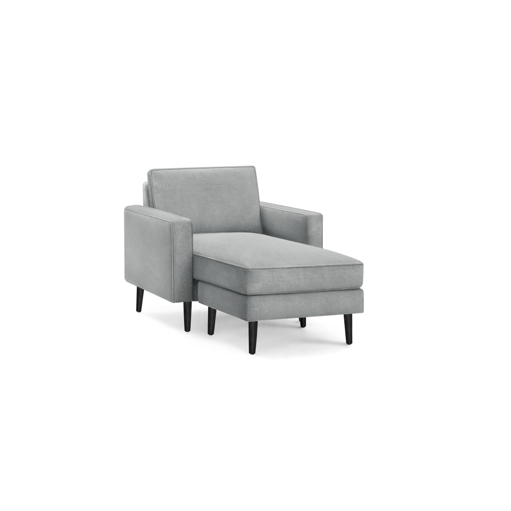 modern gray upholstered armchair with armrests and a sleek black wooden base, featuring a sleek, modern design