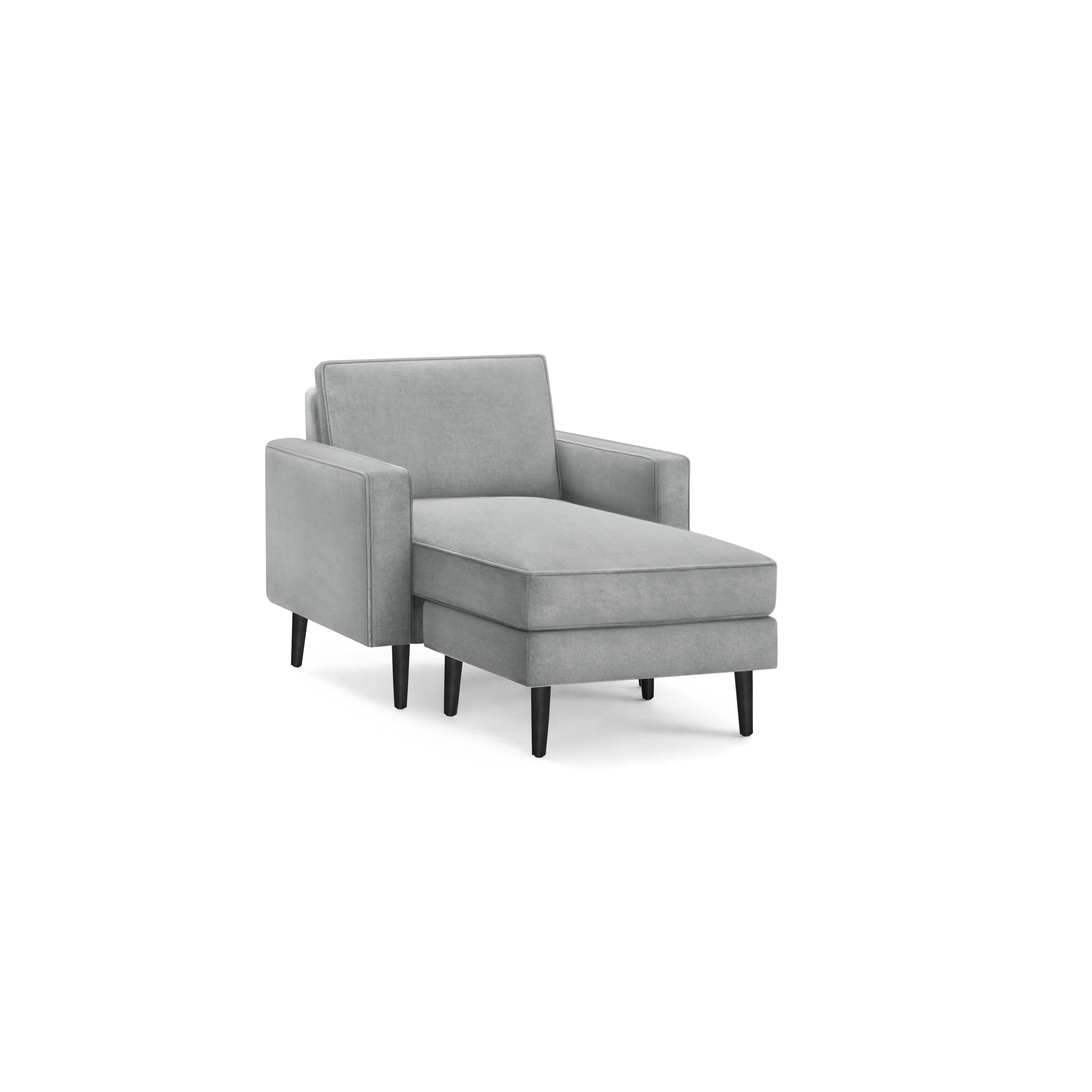 modern gray upholstered armchair with armrests and a sleek black wooden base, featuring a sleek, modern design