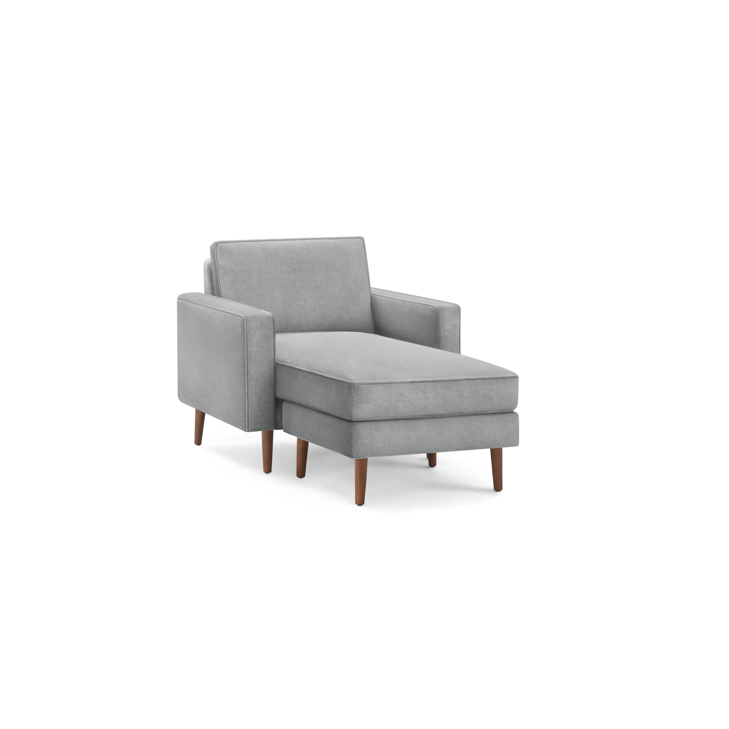 modern light gray upholstered armchair with wooden legs and a matching ottoman on a black background