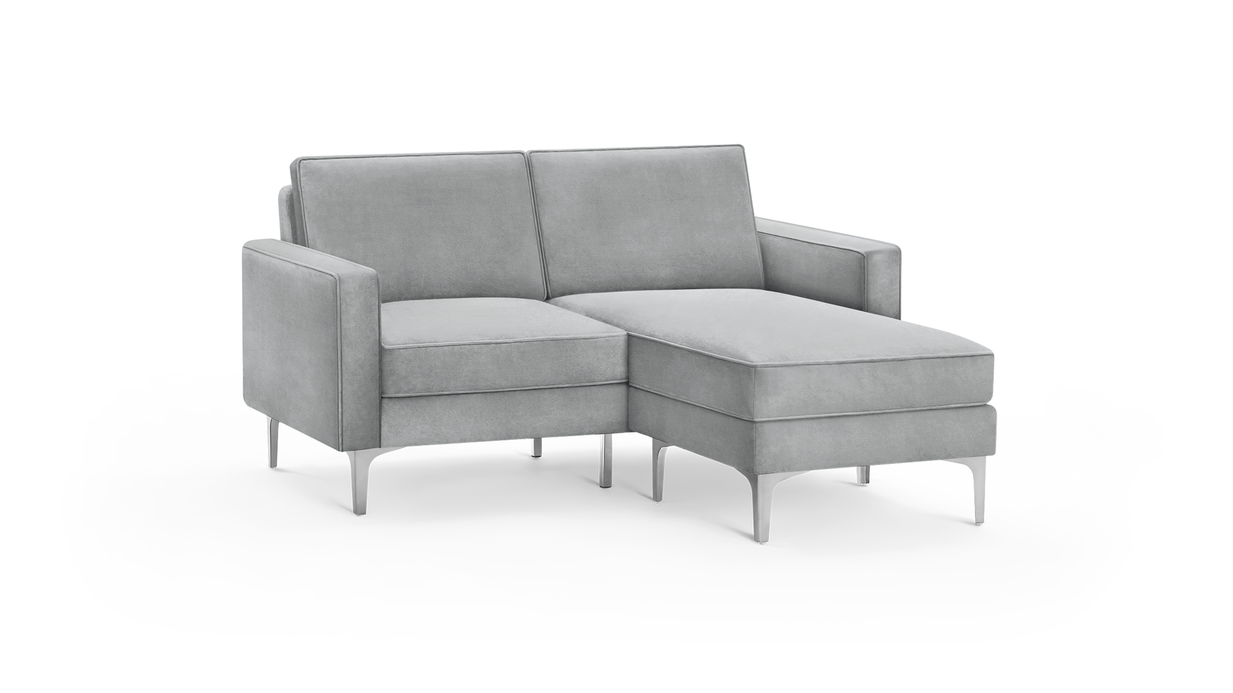 modern light gray fabric sectional sofa with matching ottoman, featuring tapered backrests, and matching cushions, featuring a matching ottoman
